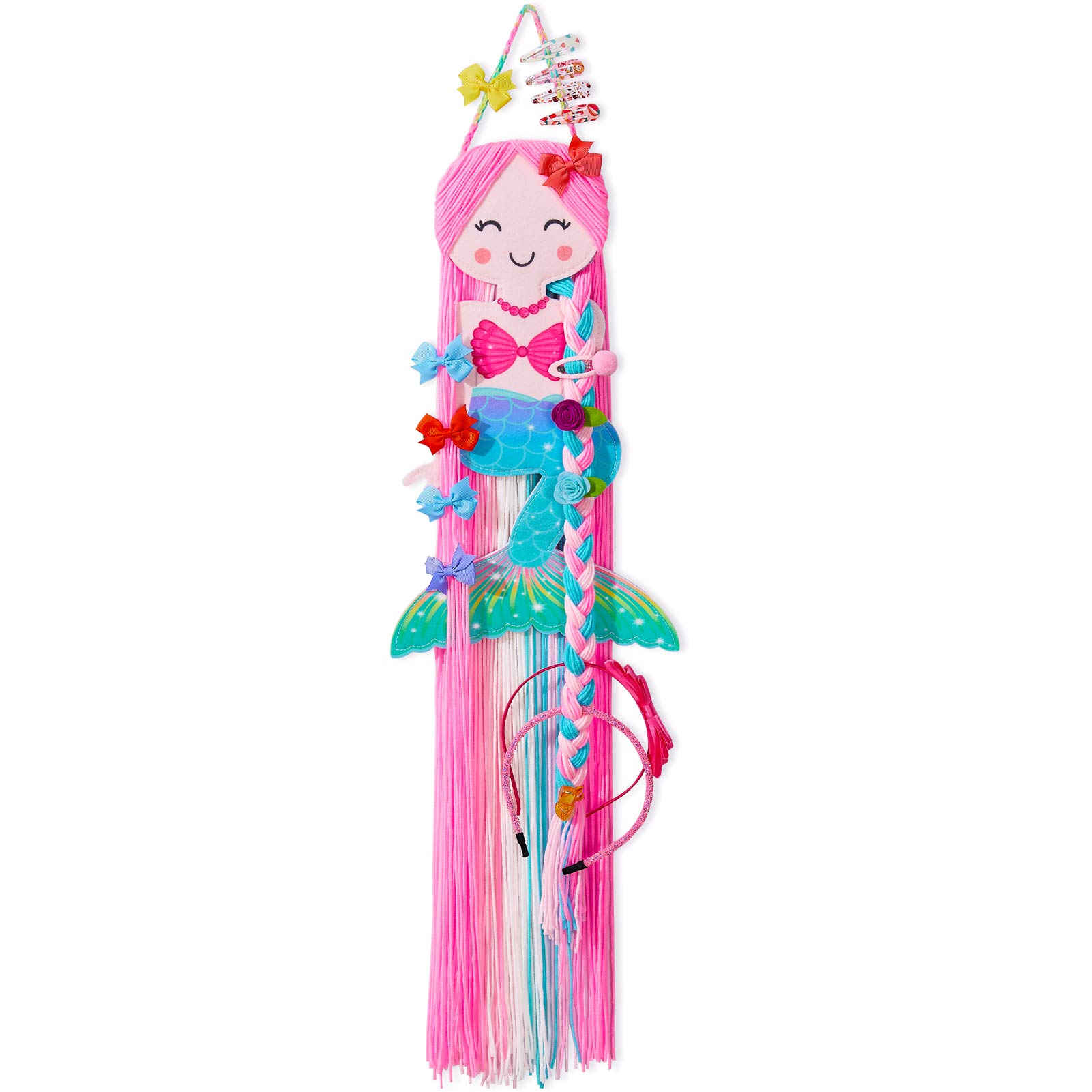 Beinou Hair Bow Holder Organizer for Girls Mermaid Headband Holder Colorful Yarn Tassels Hair Clip Organizer Storage Mermaid Party Decor Home Decor
