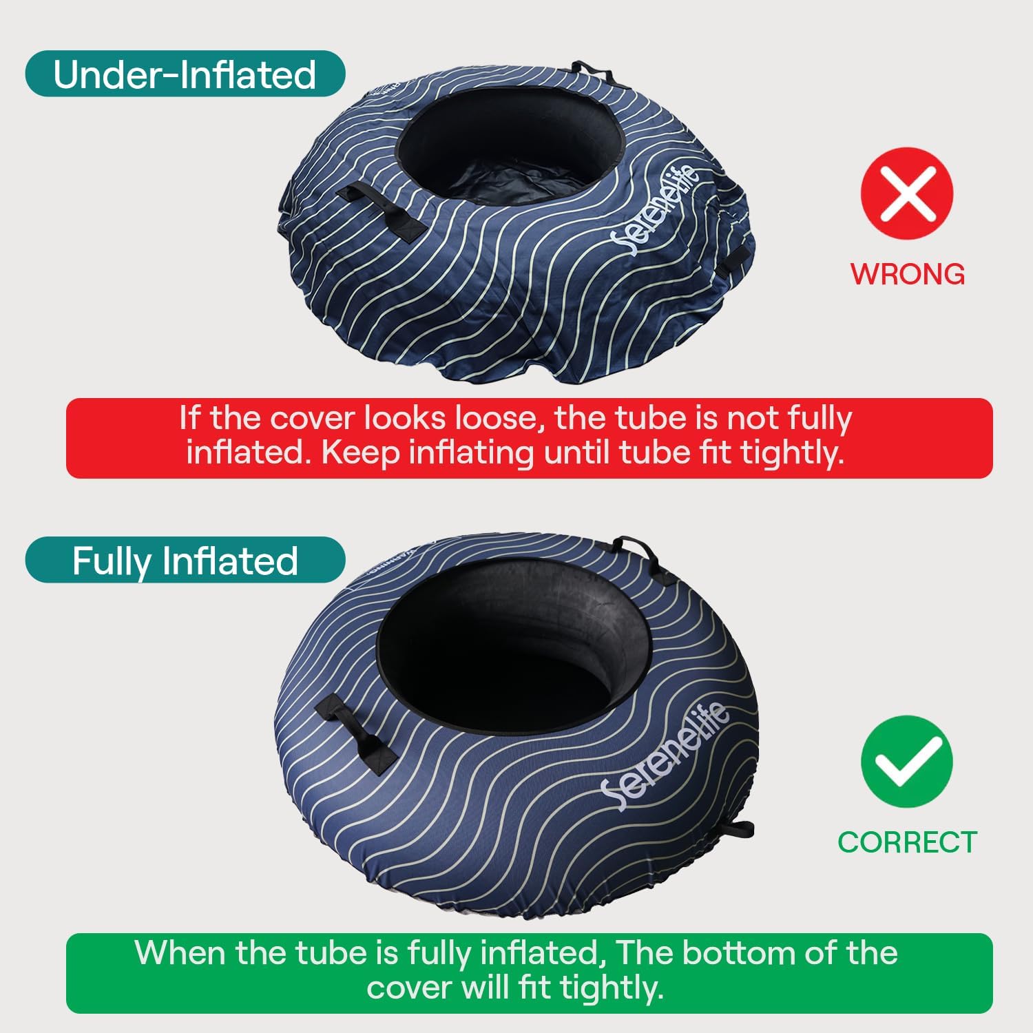 SereneLife Rura śnieżna do sanek, 112 cm, wytrzymała gumowa dętka powietrzna, pokrywa Oxford, pogrubiony spód z PVC i pas do ciągnięcia, nadmuchiwane sanki dla dzieci i dorosłych, prezent