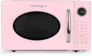 Nostalgia Retro 1000W Microwave Oven 1.1 Cu Ft Capacity – Child Safety Lock, 8 Auto-Cook Settings – Countertop Kitchen Appliance – Pink