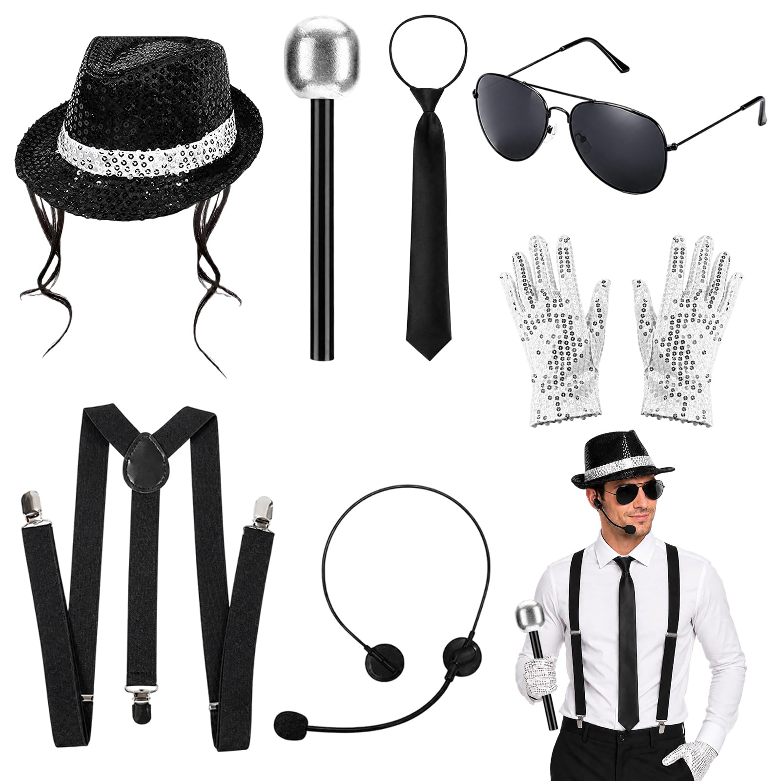 JcunYcb MJ Costume, Halloween Costumes, 7 Pcs 80s Party Costume Set, Outfit for Cosplay Events, Themed Parties and Dance Competitions, Includes Hat, Gloves, Tie, Sunglasses, Headset and Suspenders