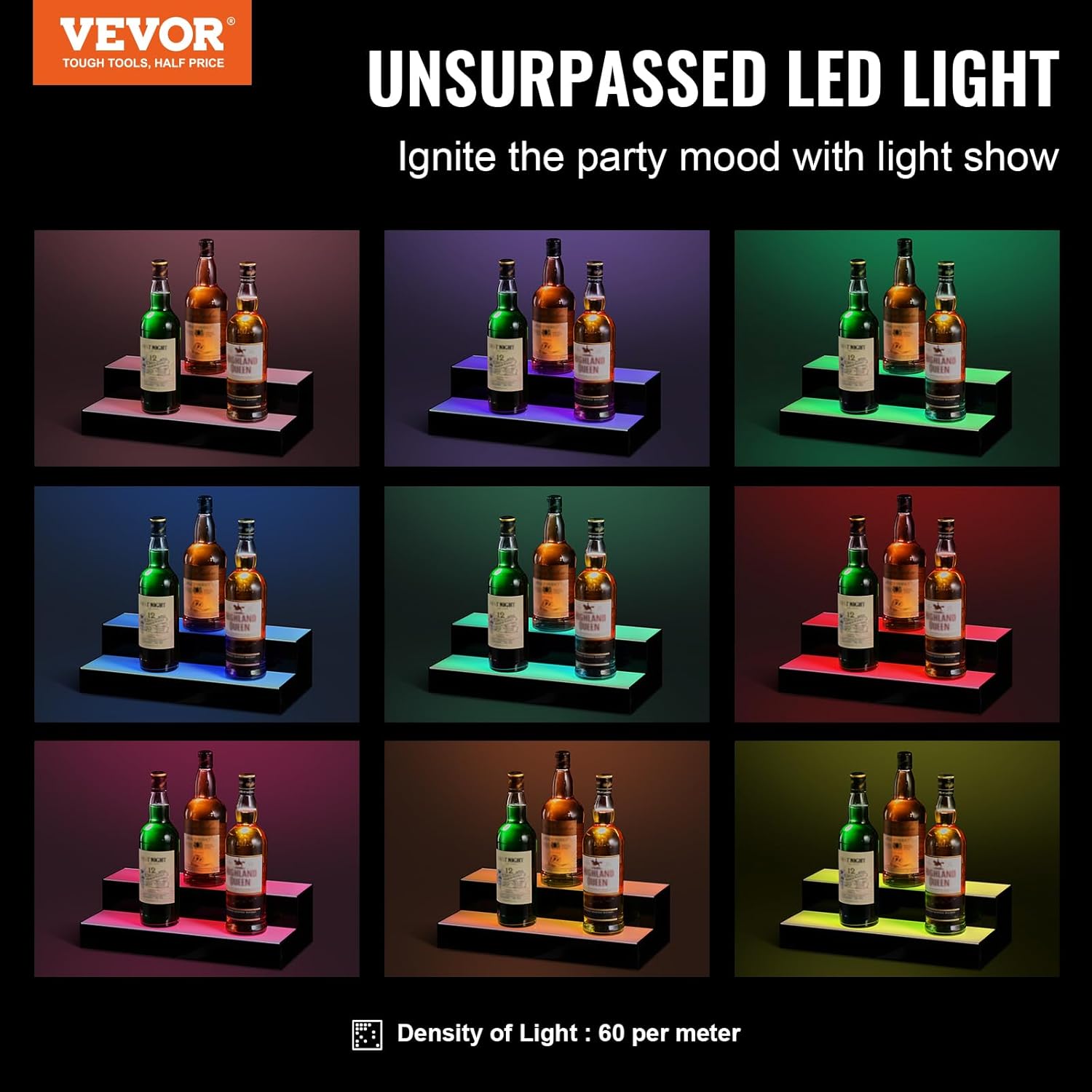 VEVOR LED Lighted Liquor Bottle Display, 2 Tiers 16 Inch Commercial Illuminated Home Bar Shelf, 2 Steps Whiskey Rack Stand, Acrylic Drink Shelves with RF Remote & App Control, and Multicolor Light