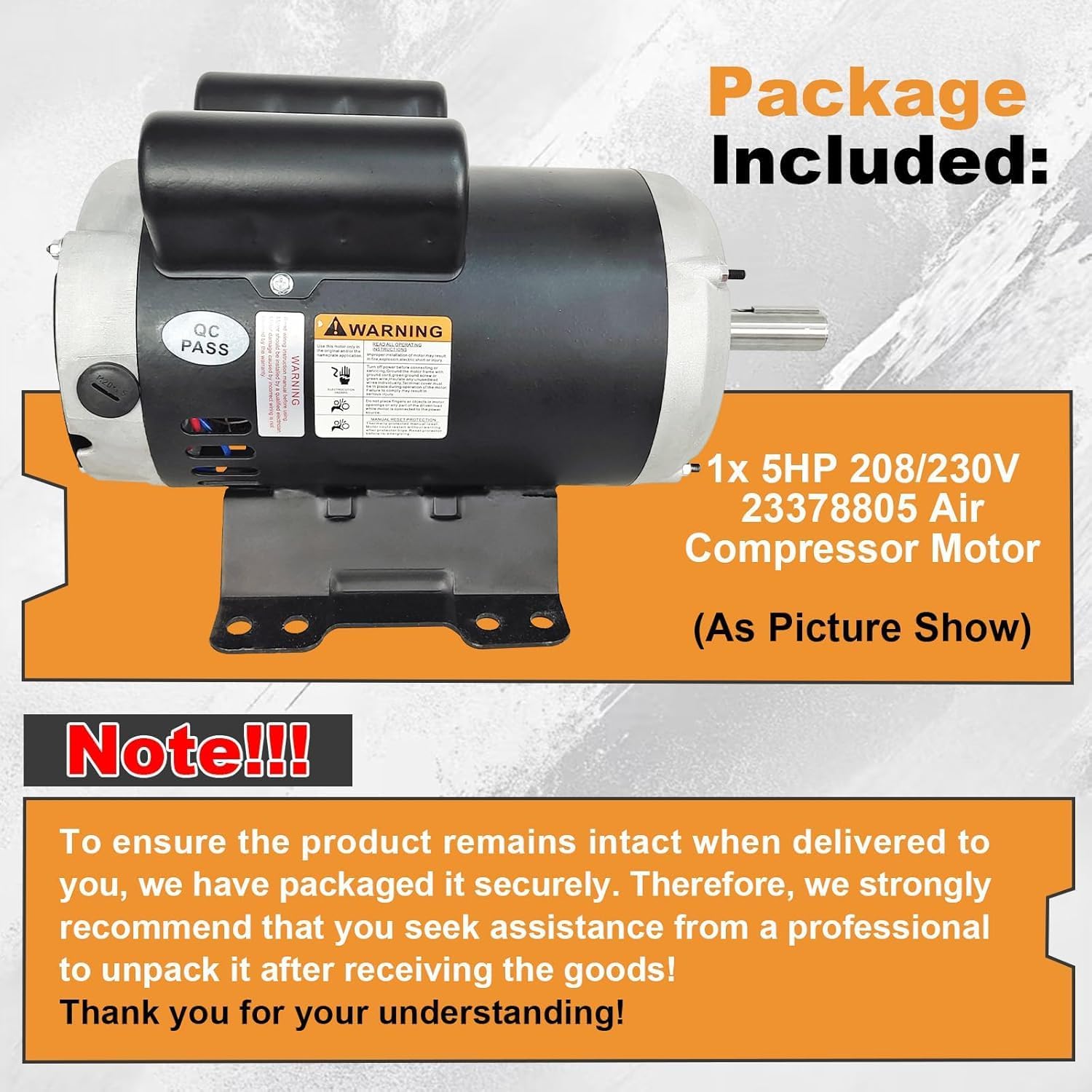 23378805 5HP Air Compressor Motor 208/230V Compatible with Ingersoll Rand Single Phase, 184 Frame 3450 RPM 60Hz Electric Motor Replace# 23220064 54421193 56283138