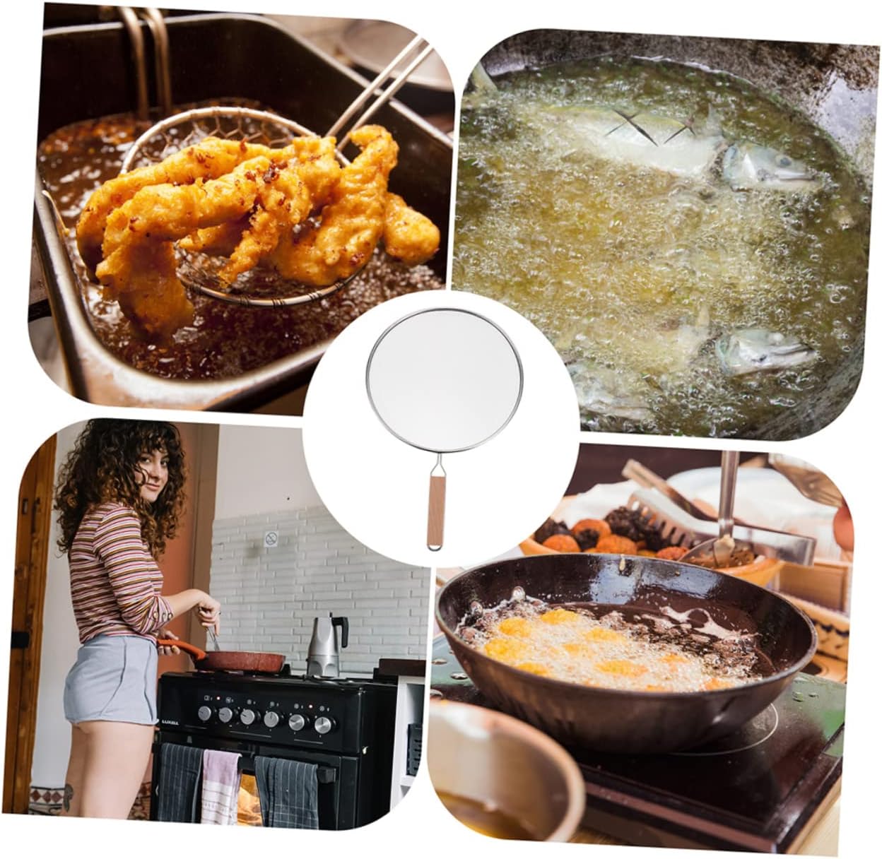 Stainless Steel Splatter Screen Wooden Long Handle Oil-Splash Guard for Frying Pans Kitchen Cooking Lid Heat-Resistant Easy to Use