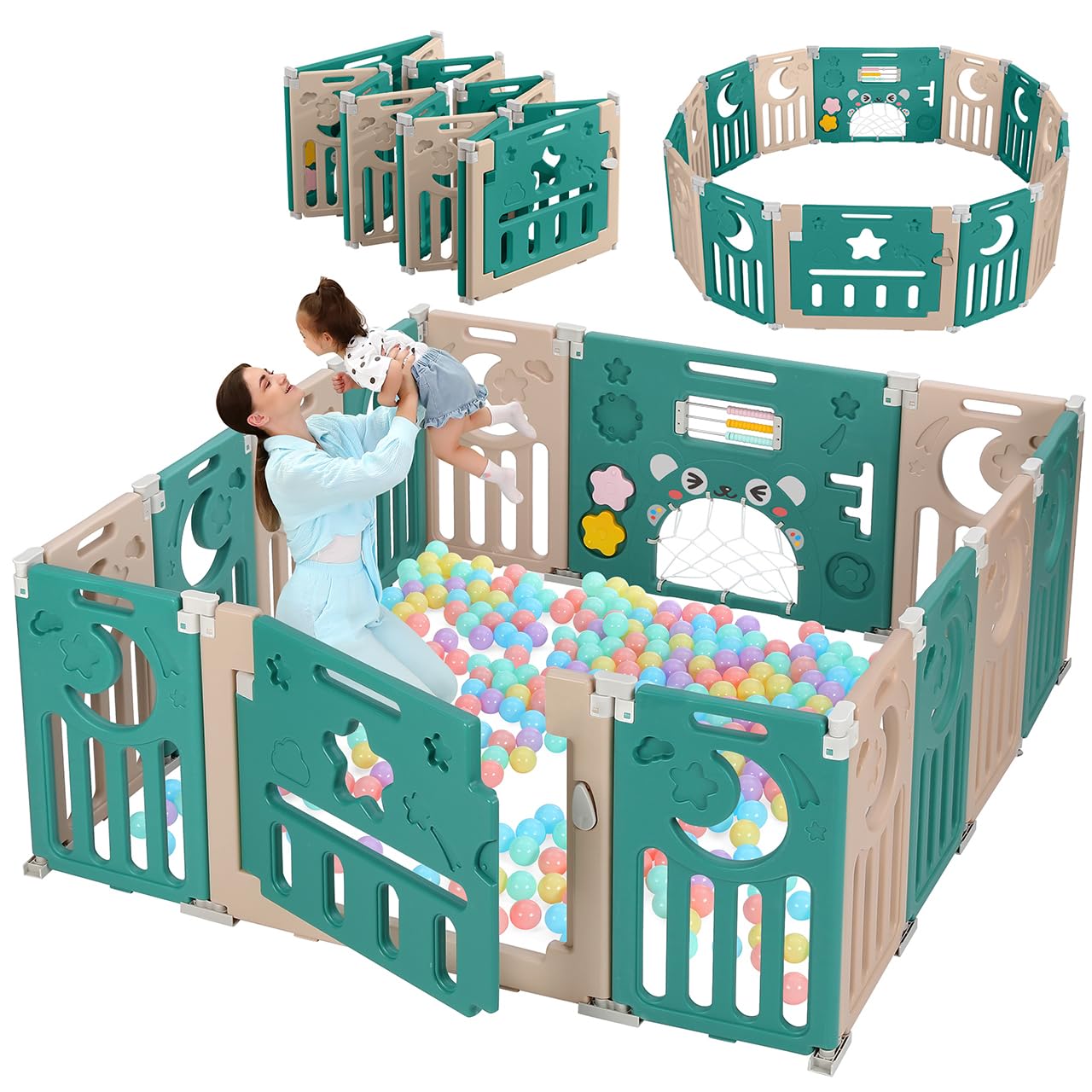 Baby Playpen, Dripex Baby Playard for Babies and Toddlers, 14-Panel Foldable Playpen Adjustable Portable Play Area, Indoor/Outdoor Kids Active Center with Game Panel & Safety Gate, Green White
