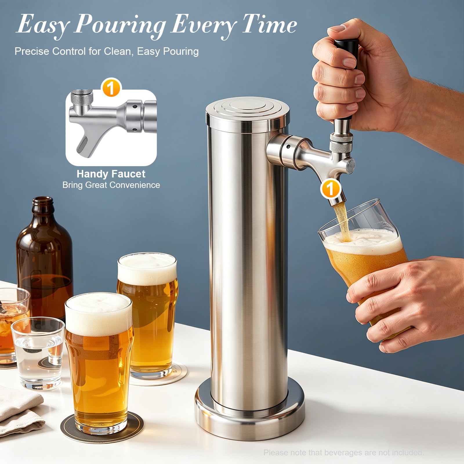 Dispensador de cerveza de 1 vía, acero inoxidable, torre de cerveza profesional con grifo, máquina de barril de cromo pulido para bar y uso doméstico (plata)