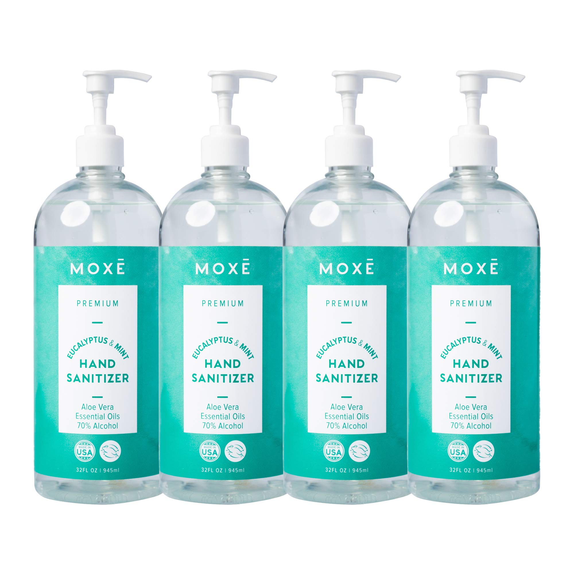 MOXE Premium Eucalyptus & Mint Hand Sanitizer Value Pack - Calming Moisturizing Waterless Antiseptic Cleanser with 70% Ethyl Alcohol, Aloe Vera & Essential Oils - Fights Germs & Bacteria - 4 x 32oz
