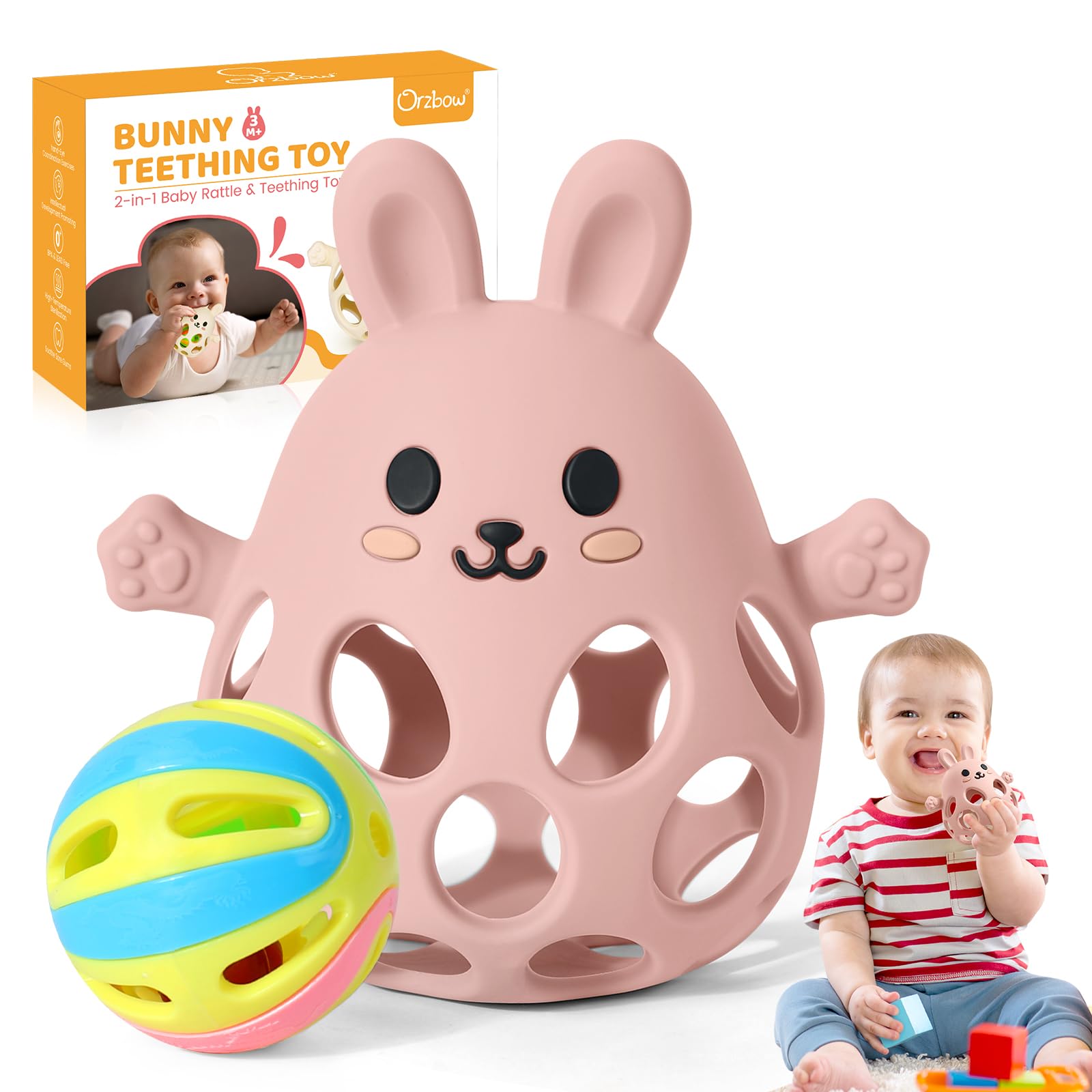Orzbow Multiuso Massaggia Gengive Neonati Freezer, Silicone Sonaglio Neonato 0-3-6-9 mesi, Giochi Montessori con Design Openwork, Leggeri, Traspiranti, Facile Impugnare & Pulire, Rosa Carne
