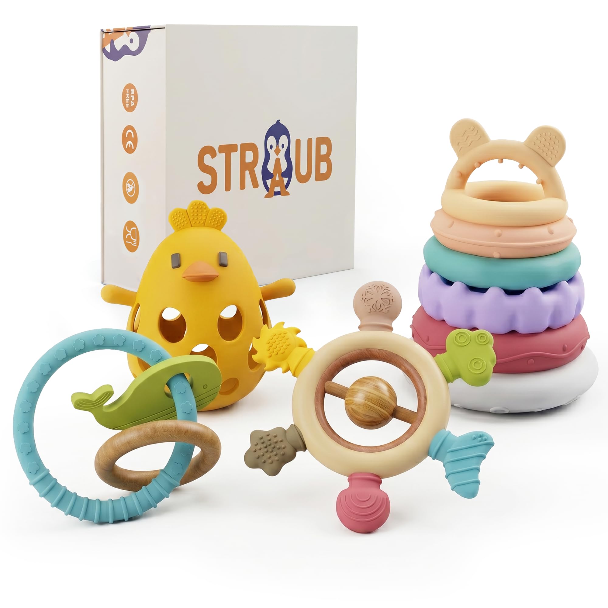 STRAUB Baby Spielset – Pädagogisch entwickeltes Lernspielzeug-Set – Beißring, Greifring, Greiffigur & Stapelturm – Baby-Spielzeug, Babyzubehör zur Förderung von Sensorik, Feinmotorik & Wahrnehmung