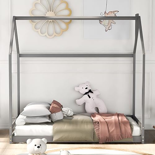 Miniatura 12 de Montessori - Cama tamaño individual para niños, cama de casa para niños pequeños con techo, base de cama de madera para suelo, mueble de dormitorio