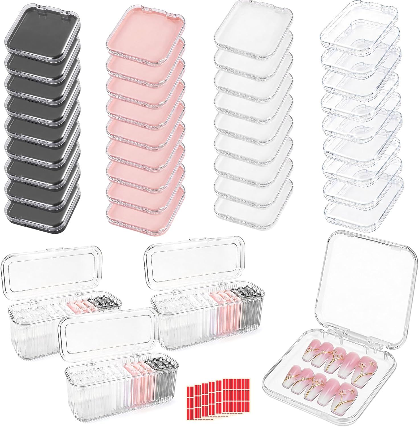 39 Pcs Press On Nail Storage Box, 2.95 Inch Clear Acrylic, with 3 Large Storage box & 180 Adhesive Tapes, Fake Nail Display Container for Nail Salon Business and Personal Use