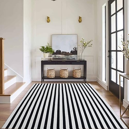 Vista 73 de Alfombra de exterior blanca y negra de 3 x 5 pies, alfombra de algodón tejida a mano, lavable a máquina, para interiores y exteriores, alfombra