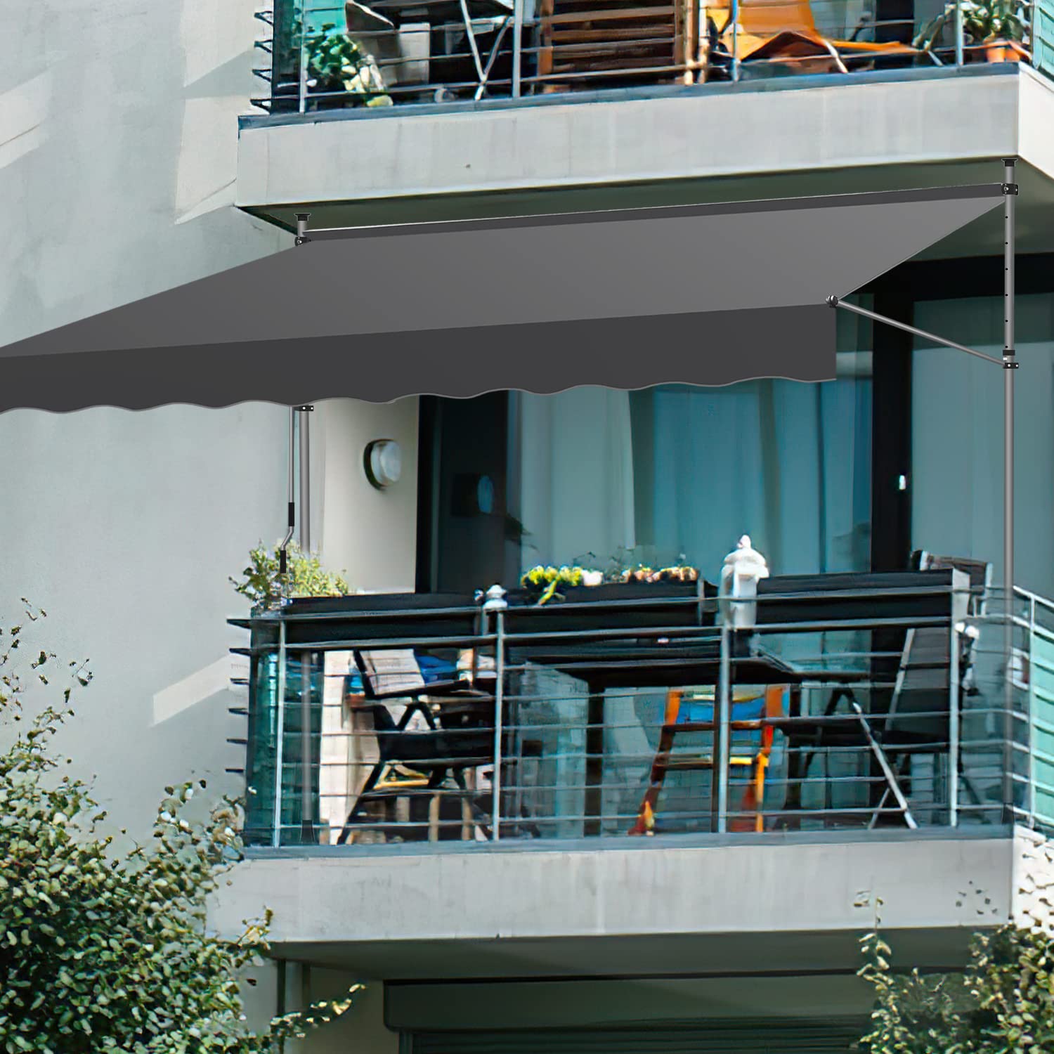 Toldo para balcón sin taladrar, 250 cm de ancho con manivela, altura regulable, resistente a los rayos UV e impermeable, toldo para terraza, balcón, color gris
