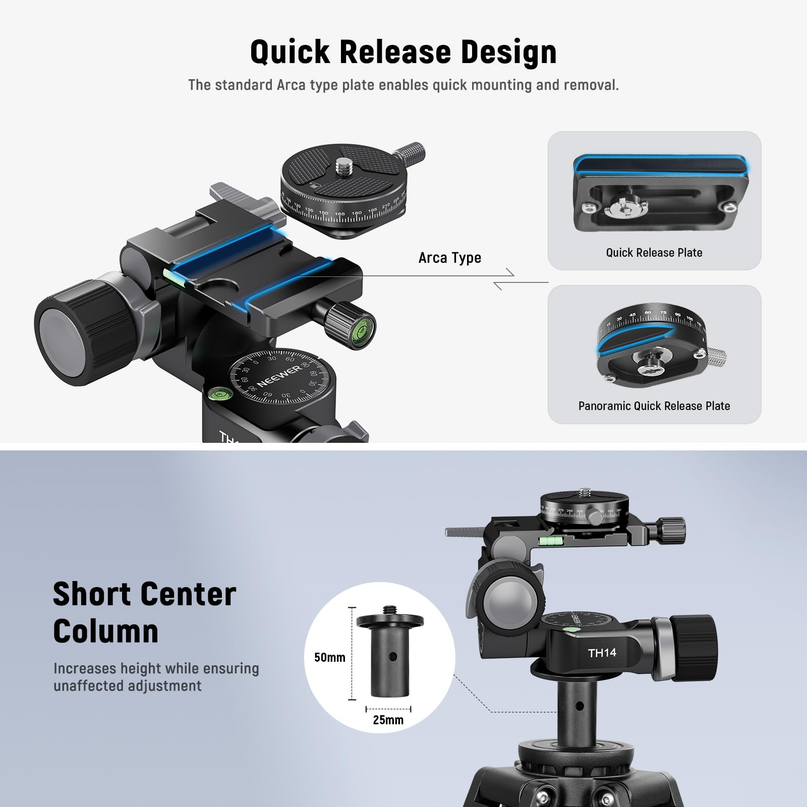 Amazon | NEEWER 2ウェイギア三脚雲台 2軸パンチルトヘッド アルミ合金