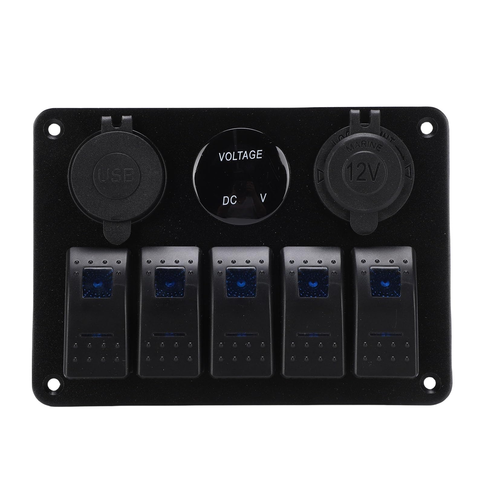 Fockety 5-biegunowy Panel Przełączników Kołyskowych, Podwójna ładowarka USB, Cyfrowy Woltomierz, Gniazdo 12 V z Niebieskim Podświetleniem Wyłączników, 5-stykowe Przełączniki Kołyskowe
