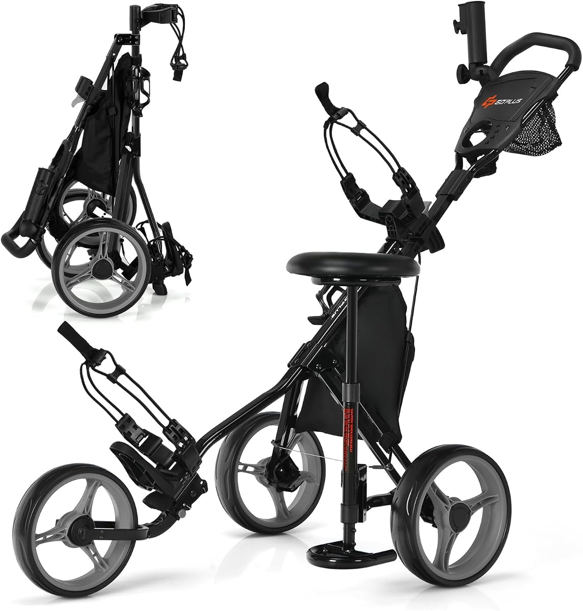 Goplus 3 Wheel Golf Push Cart, Lightweight Foldable Caddy Cart w/Adjustable Seat, Handle, Umbrella Holder, Foot Brake, Golf Trolley for Golf Bags, Collapsible Golf Pull Cart for Men Women