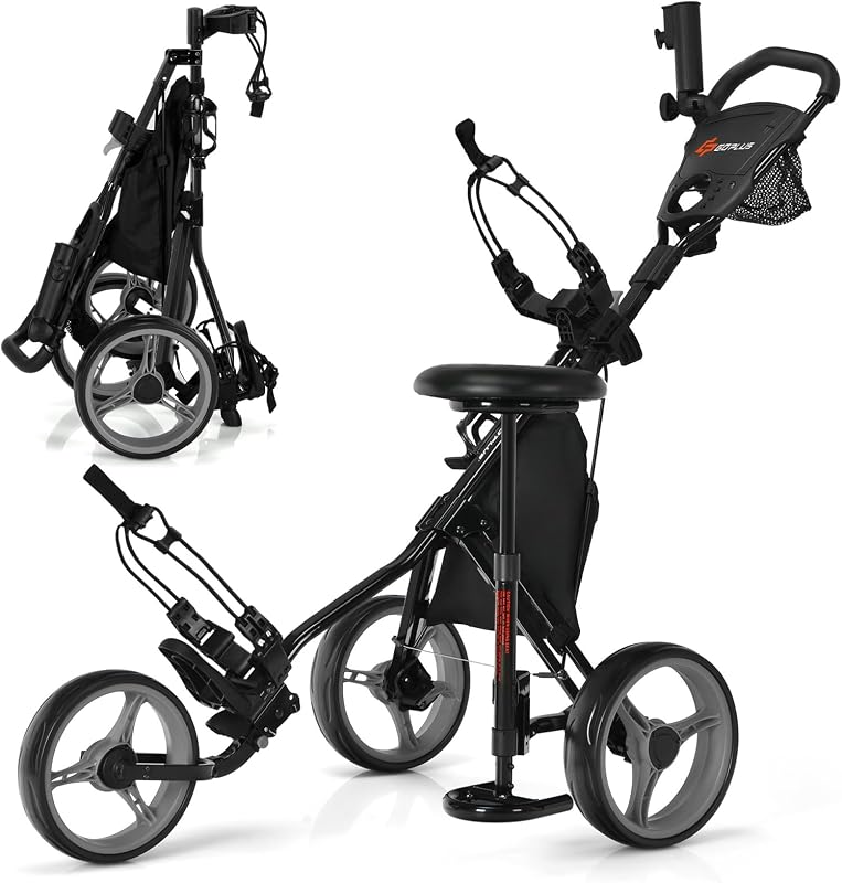 Goplus 3 Wheel Golf Push Cart, Lightweight Foldable Caddy Cart w/Adjustable Seat, Handle, Umbrella Holder, Foot Brake, Golf Trolley for Golf Bags, Collapsible Golf Pull Cart for Men Women