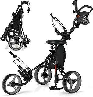 Goplus 3 Wheel Golf Push Cart, Lightweight Foldable Caddy Cart w/Adjustable Seat, Handle, Umbrella Holder, Foot Brake, Golf Trolley for Golf Bags, Collapsible Golf Pull Cart for Men Women