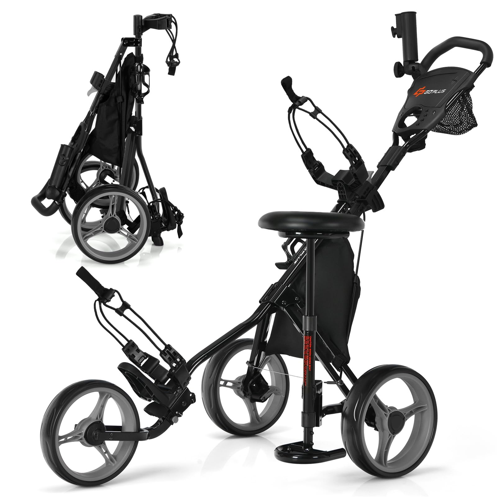 Goplus 3 Wheel Golf Push Cart, Lightweight Foldable Caddy Cart w/Adjustable Seat, Handle, Umbrella Holder, Foot Brake, Golf Trolley for Golf Bags, Collapsible Golf Pull Cart for Men Women