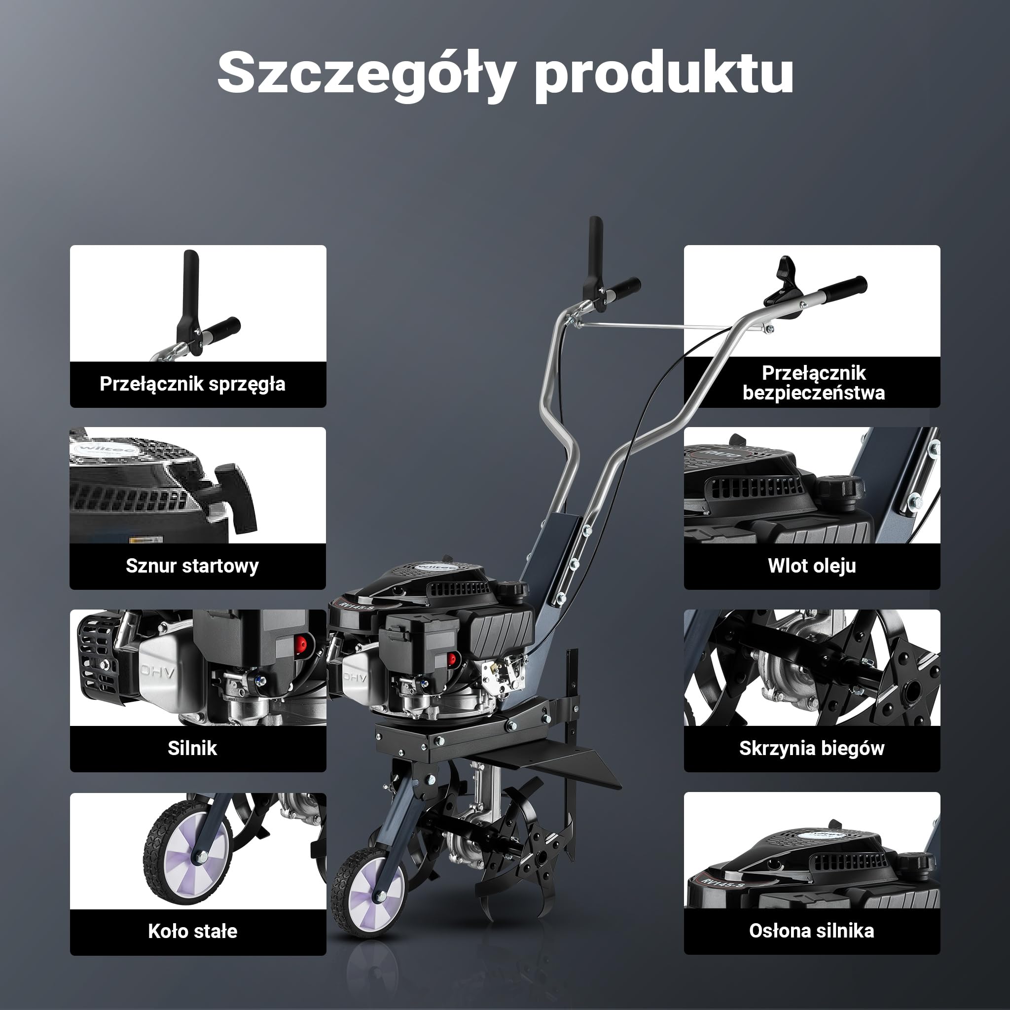 Wiltec Glebogryzarka spalinowa o szerokości roboczej 36 cm, kultywator ogrodowy z silnikiem 144 ccm 3,4 KM z 4 tarczami