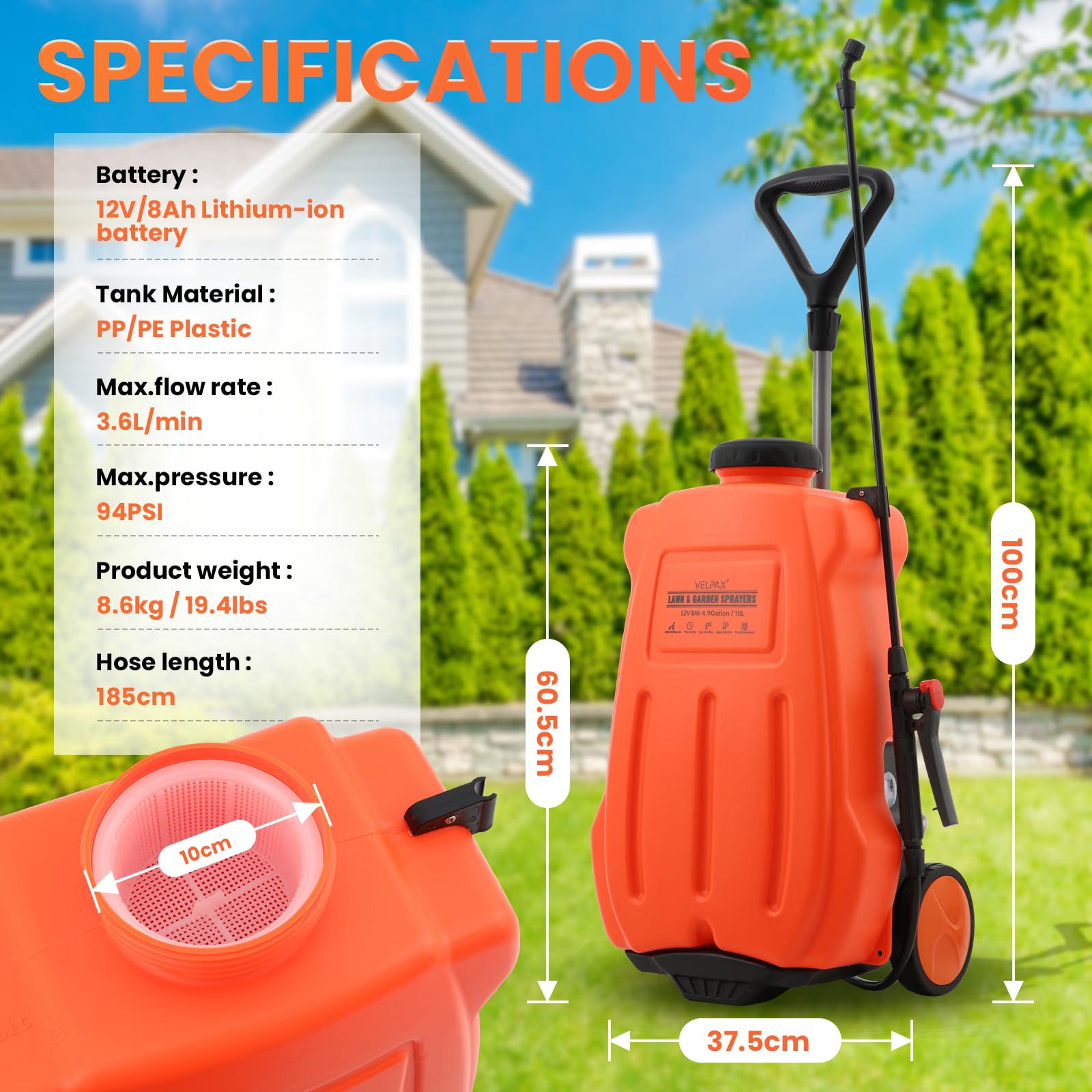 Pulvérisateur Électrique à Dos 18L, Chariot à roulettes Réglable, 0-65 PSI, Pulvérisateur Électrique Toiture Longue Portée, Débit 3.6 L/Min avec 4 Buses de l'agriculture, de la médecine, etc