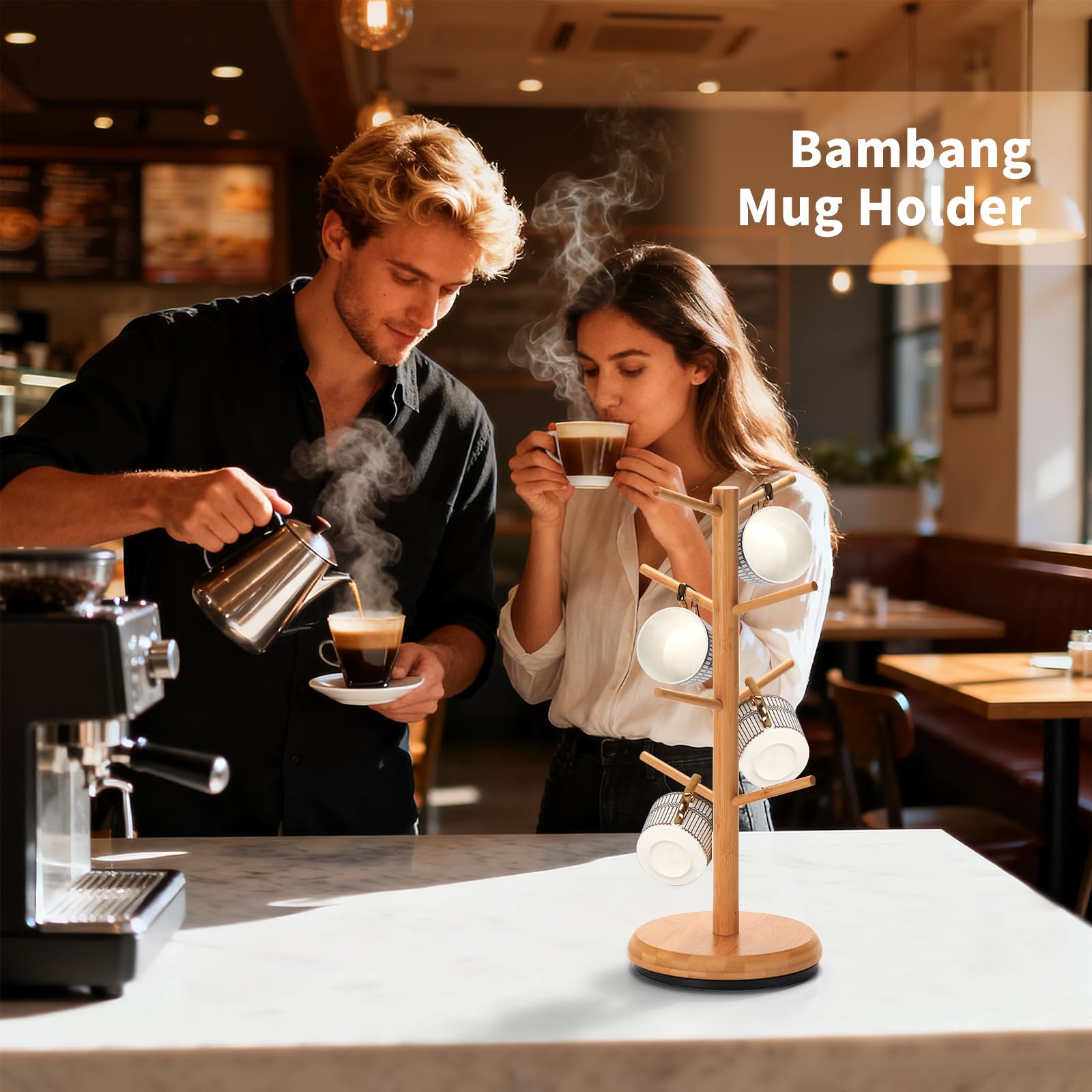 BAMBANG Albero porta tazze, girevole a 360°, 8 ganci, supporto per tazze da caffè per piano di lavoro, in bambù, per cucina e casa, naturale