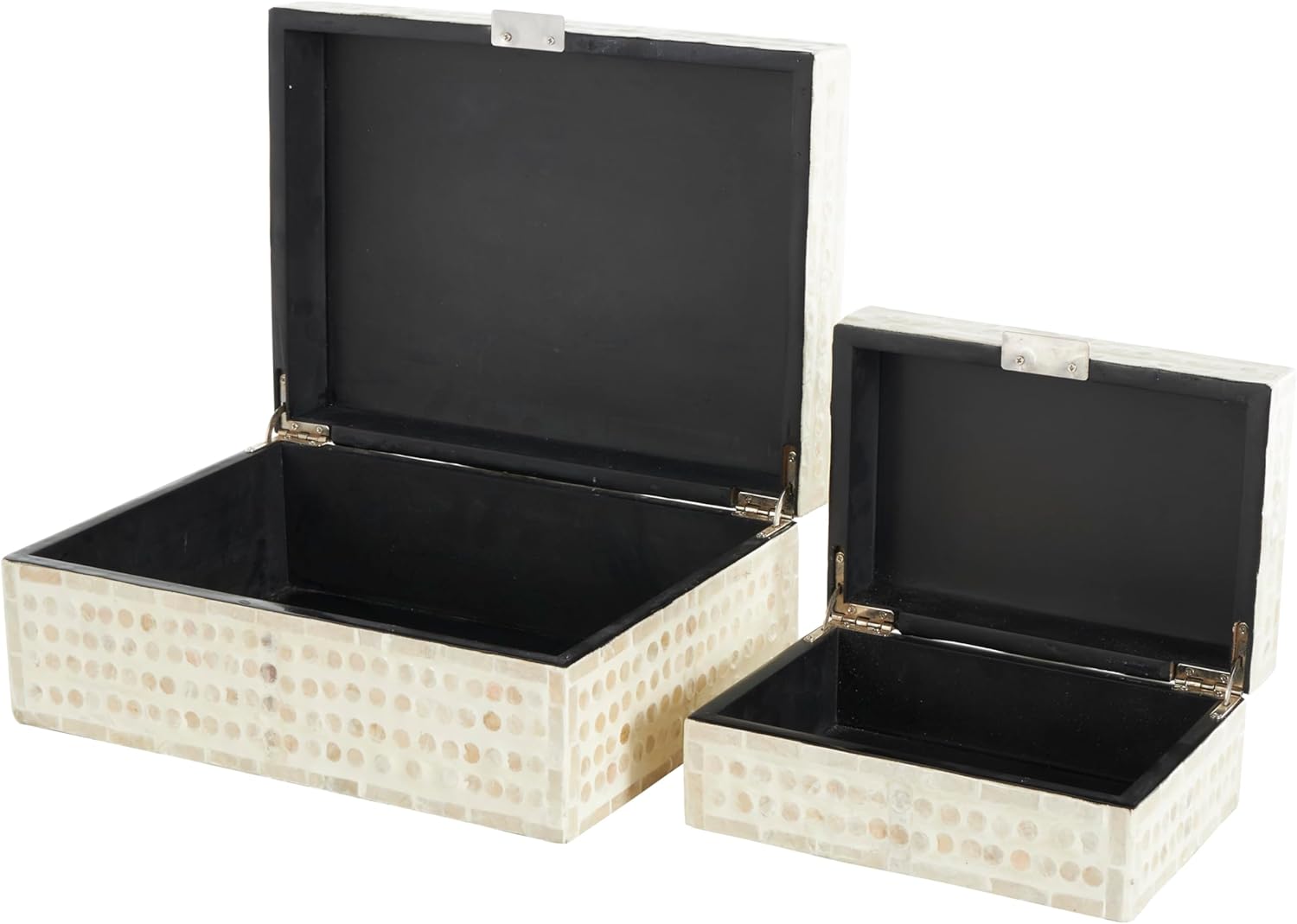 Deco 79 Mother of Pearl Shell Geometric Handmade Decorative Box Mosaic Dot Storage Decorative Keepsake Box with Brown Accents, Set of 2 Storage Box 12", 8"W, Cream