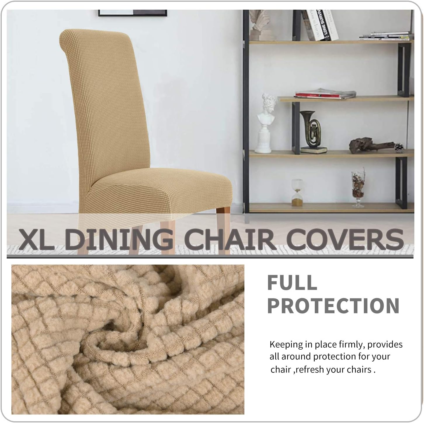 Deisy Dee Stretch XL/Oversized Soft Spandex Extra Large Dining Room Chair Covers for Kitchen Dining，Removable Washable Chair Protectors Slipcovers (Khaki, 4)