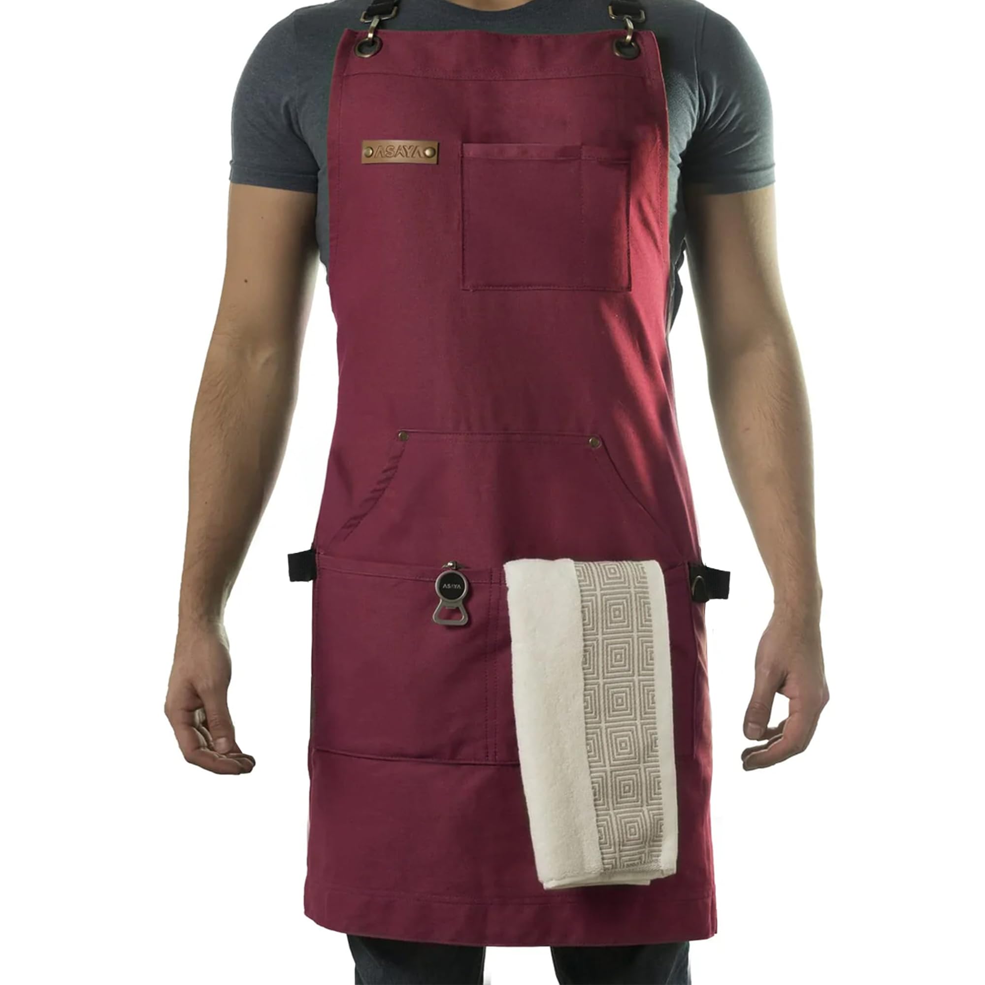 Asaya Chef and BBQ Apron with Bottle Opener and Hand Towel - 10oz Cotton Canvas, Stainless Steel Hardware - Cross Back Straps