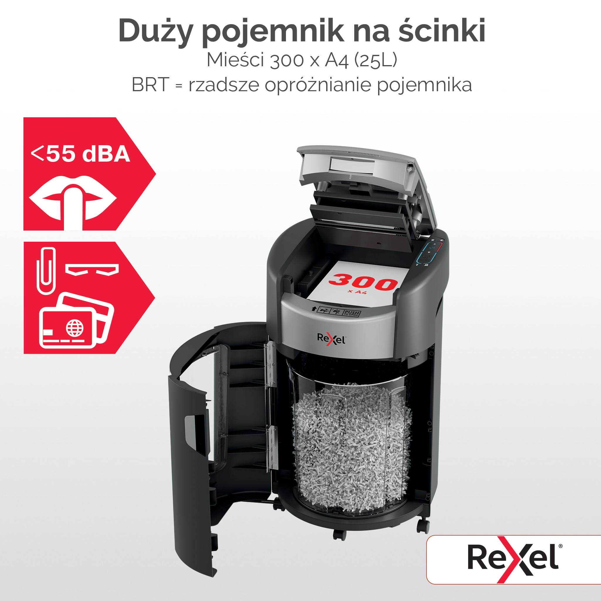 Rexel ShredMax AutoFeed+ 300M niszczarka mikrościnek P5, 300 kartek | Biuro i praca w domu, ochrona RODO, Bin Rotation, <55 dBA, 60 min pracy ciągłej, pojemnik 25 l, kółka, A4
