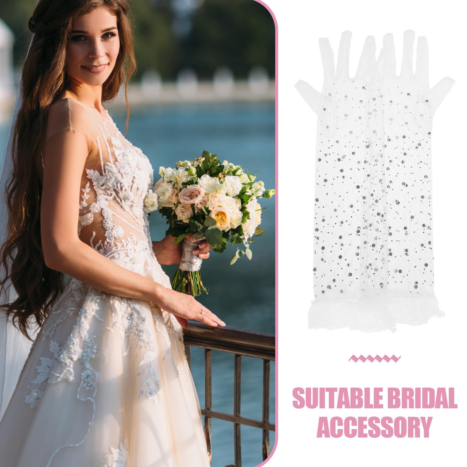 Abaodam 3 Pares Guantes Largos de Encaje Blanco Brillantina y Tul, Diseño Elegante Ribete Blanco, Ligeros y Versátiles para Bodas y Ocasiones Obsequios