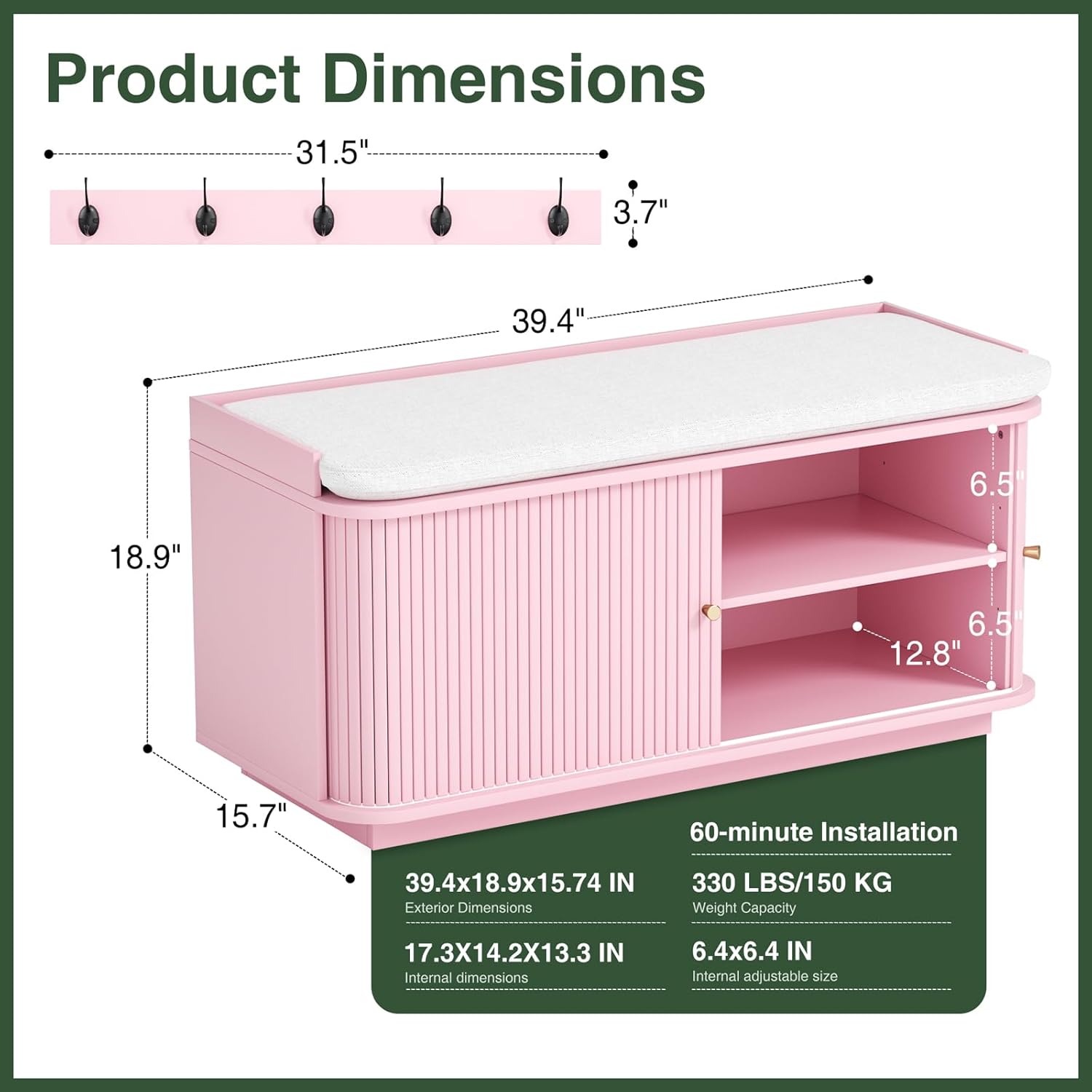 Hall Tree with Bench and Shoe Storage, Entryway Bench with Sliding Door Cabinet, Removable Padded, Metal Wall Hooks and Adjustable Storage Compartments, for Entry, Hallway, Living Room, Pink