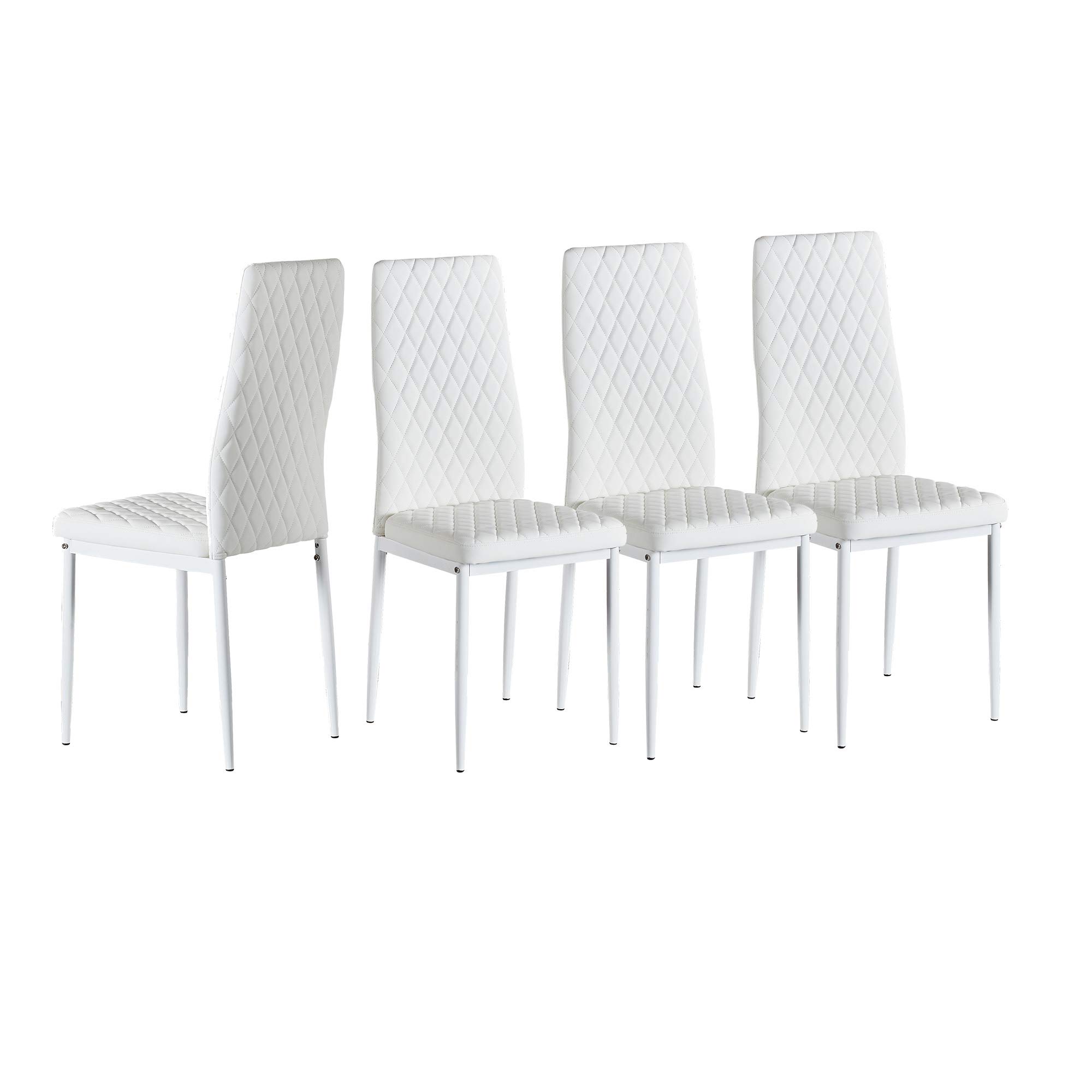 MOREASE Dining Chair Fireproof Leather Sprayed Metal Pipe Diamond Grid Pattern Restaurant Home Conference Chair Set of 4 (White)