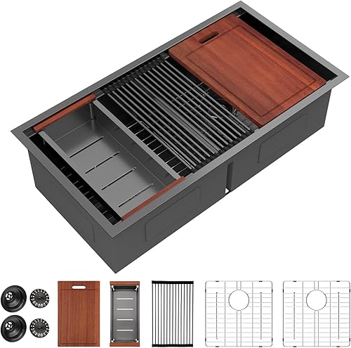 Vista 112 de Sarlai Fregadero doble de 33 piezas para empotrar - Fregadero de cocina de 33 x 19 pulgadas, acero inoxidable de calibre 16, esquina redonda, doble