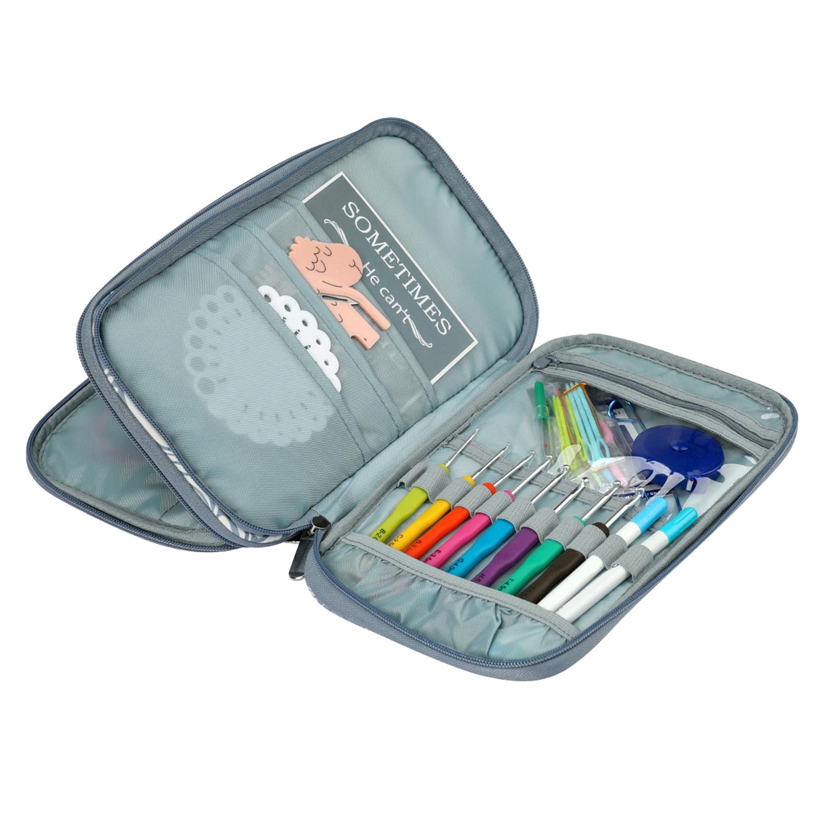 Milageto Knitting Case, Crochet Hook Storage Bag, Zipper Organizer, Travel Bag for Knitting Accessories, Sewing Tools, Easy to Carry, Gray Leaves, 30x18x5cm