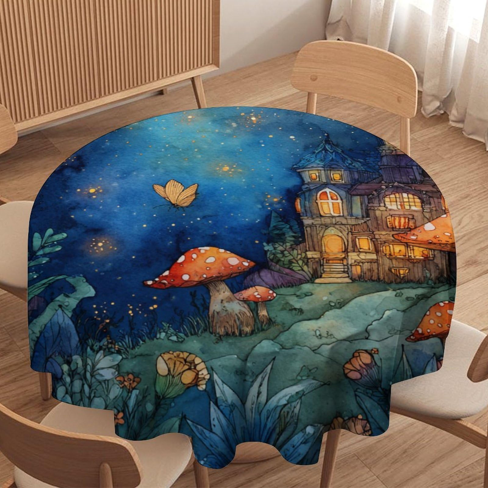 LUYYSKY Retro Cartoon Enchanted Forest Round Tablecloth Fantasy Rustic Starry Sky Fairy House Mushroom Animal Butterflies Washable Decor for Table Cover for Kitchen-152.4" Wx152.4 L cm