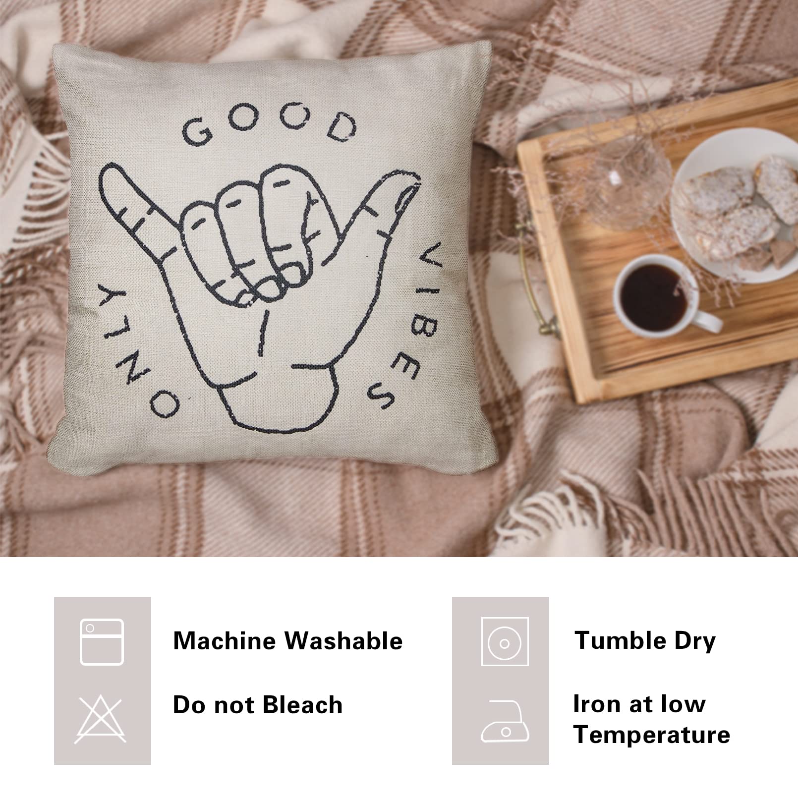Fahrendom Good Vibes Only Aloha Hand Gesture Hang Hand Symbol Motivational Sign Cotton Linen Home Decorative Throw Pillow Case Cushion Cover with Words for Sofa Couch 16 x 16 in