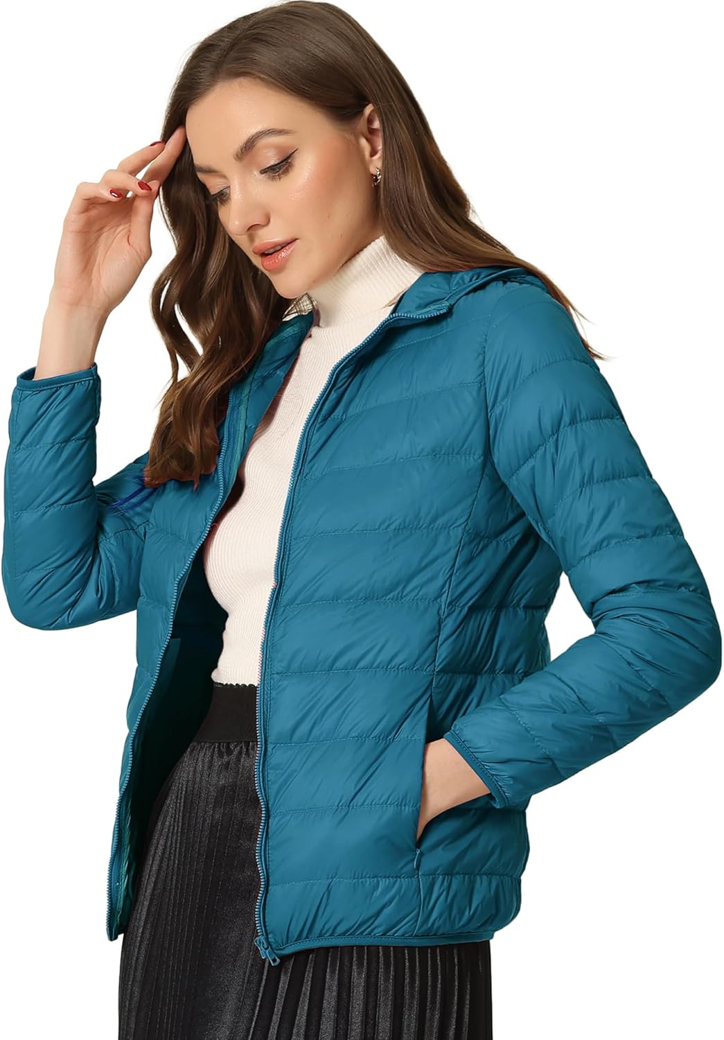 Allegra K Women's Puffer Coat Winter Long Sleeve Zip Up Hooded Lightweight Packable Down Jacket