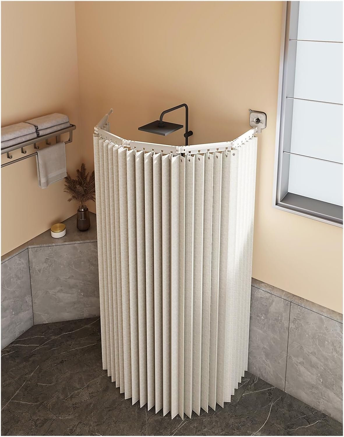 Folding Shower Curtain Rod Set,Retractable Shower Curtain Rod for Bathroom,Water Resistant Shower Curtain,Adjustable Angle,for Bathroom,Window,RV,Closet(White,4-Fold)