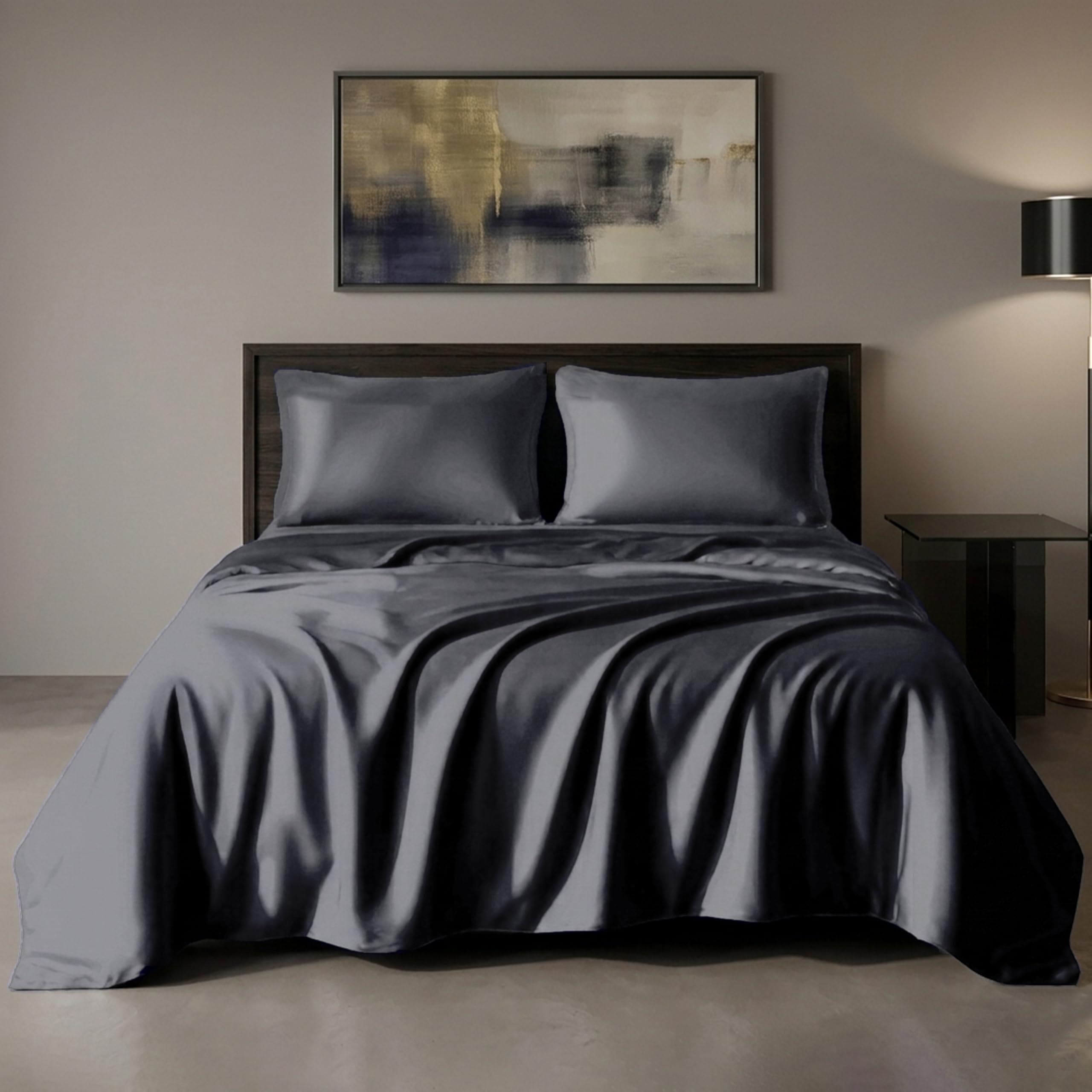 Fresh From Loom King Size Satin Silk Bedsheet with 2 Pillow Covers | Bridal Bedsheet Set for Wedding Gifting | 400 TC Staeen Cotton Flat Bedsheet Skin Hair Friendly (Dark-Grey, Size-108x108 Inch)-image-47