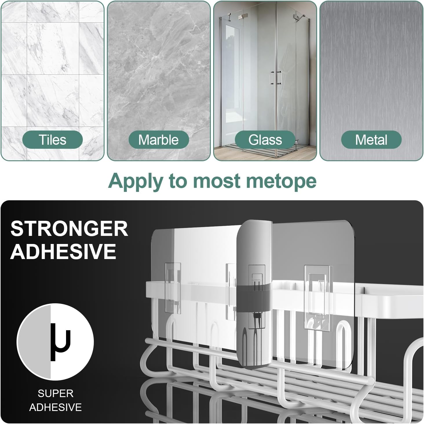 Getsrichfc Shower Caddy Adhesive, Rustproof Shower Shelves for Inside Shower, Large Capacity Bathroom Organizers and Storage, Shower Storage with Removable Hooks, No Drill Bathroom Accessories White