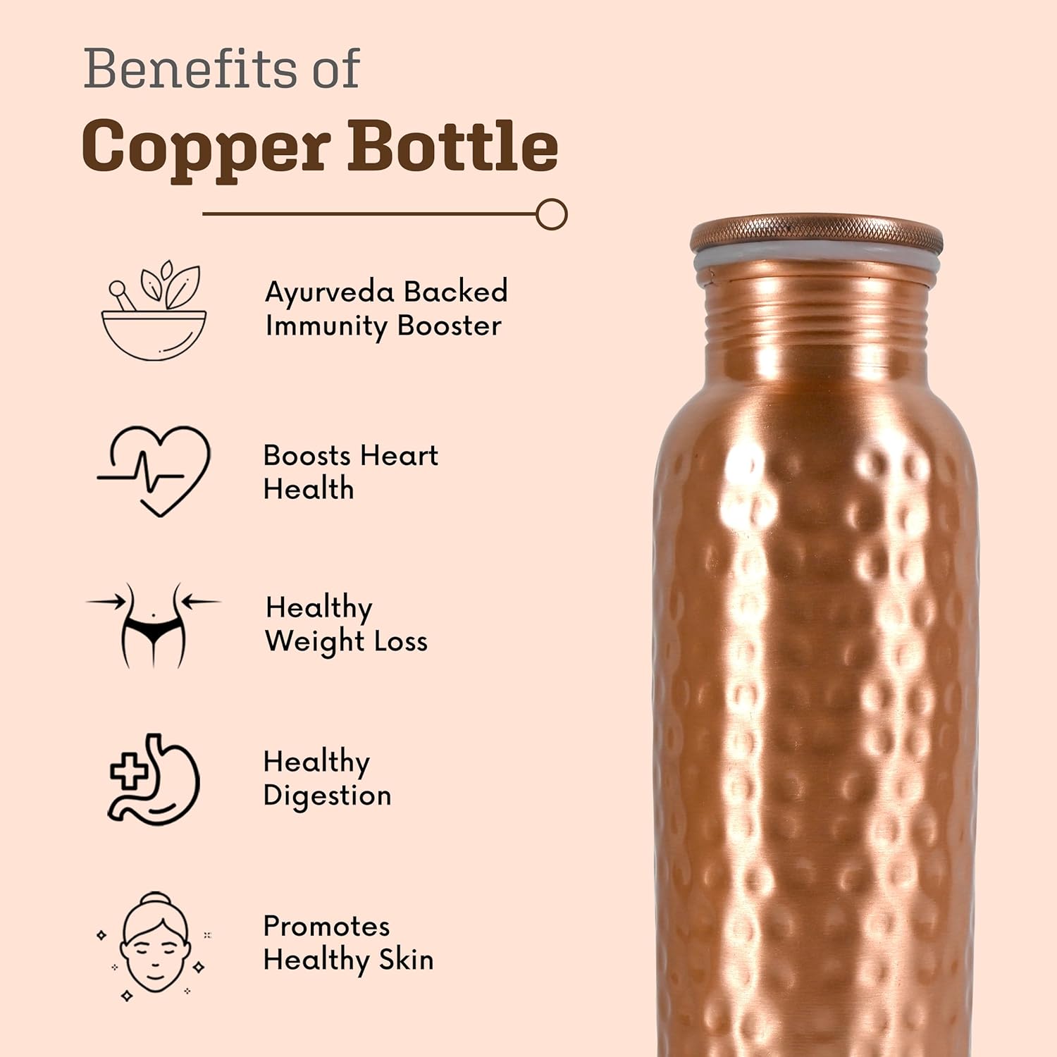 Pure Copper Bottle | 34Oz Water Bottle For Drinking | Leak-Proof Hammered Design Bottles For Home, Gym, School & Travel | Durable, Rust Proof & Handmade Bottles | Ayurvedic Copper Cups