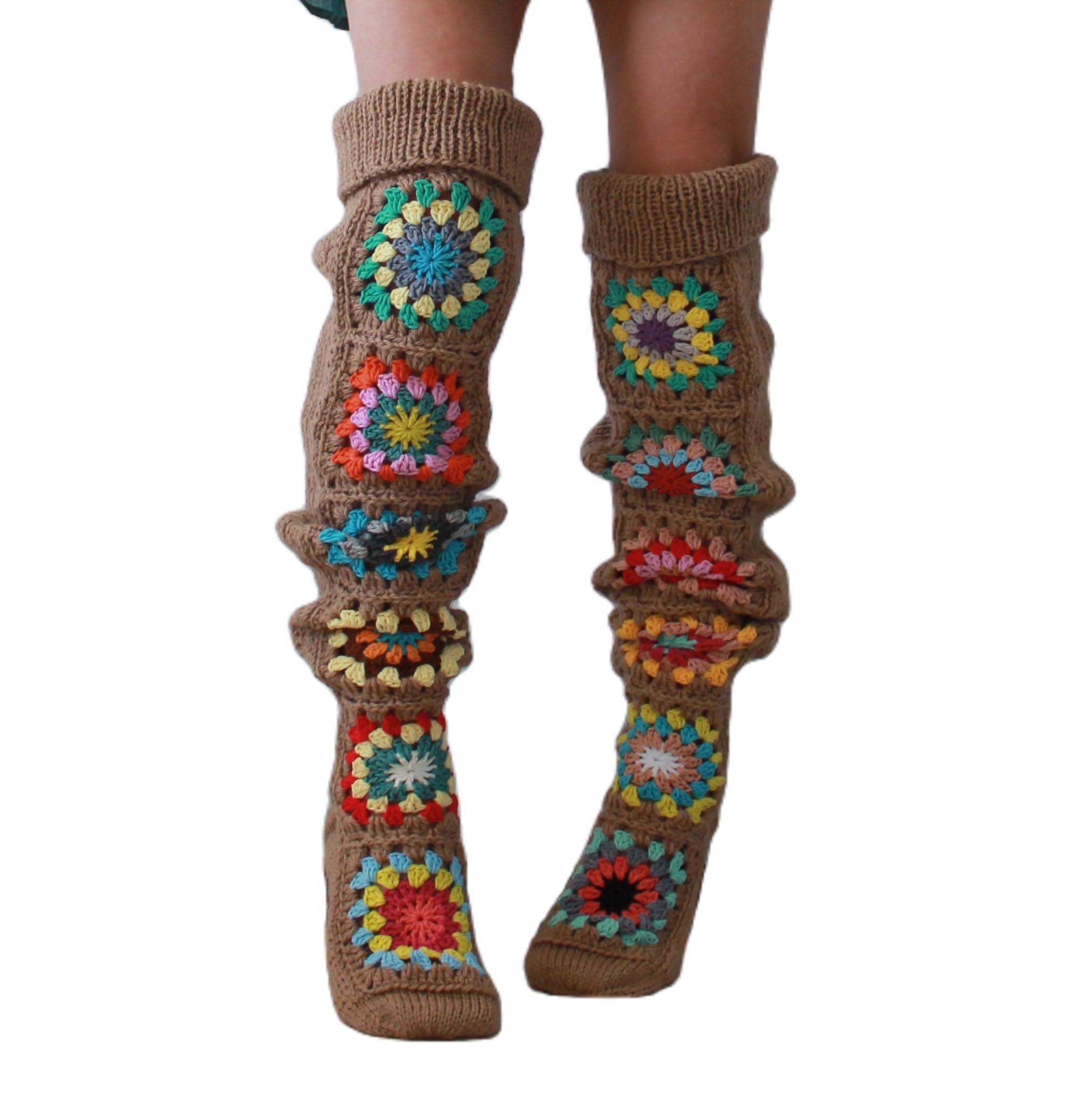 FEORJGP Womens Granny Square Over Knee High Socks Crochet Knitted Stockings Tube Long Leg Warmers Cable Thigh High Boot Socks