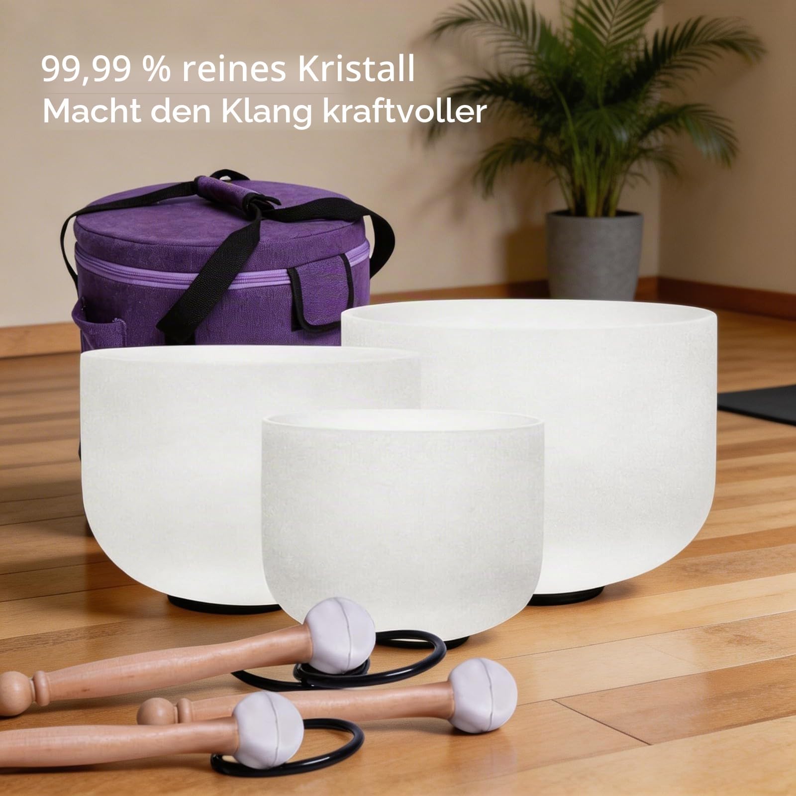 Energysound Perfect Pitch Chakra Singing Bowls 432Hz 11" D 9" F 7" B Frosted Quartz Crystal Singing Bowls with Canvas Bag