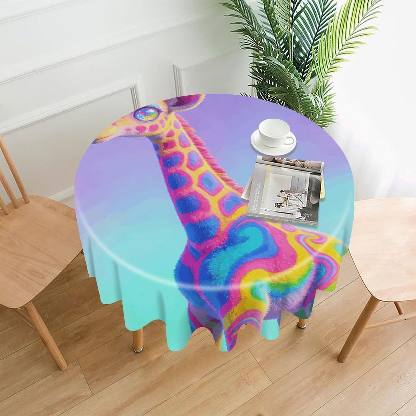 LZQPOEAS Neon Giraffe Tablecloth Easy to Clean Polyester Round Table Cover Washable Round Table Cloth Wrinkle-Free Circle Decoration Tablecloth for Kitchen and Dining Room 60"