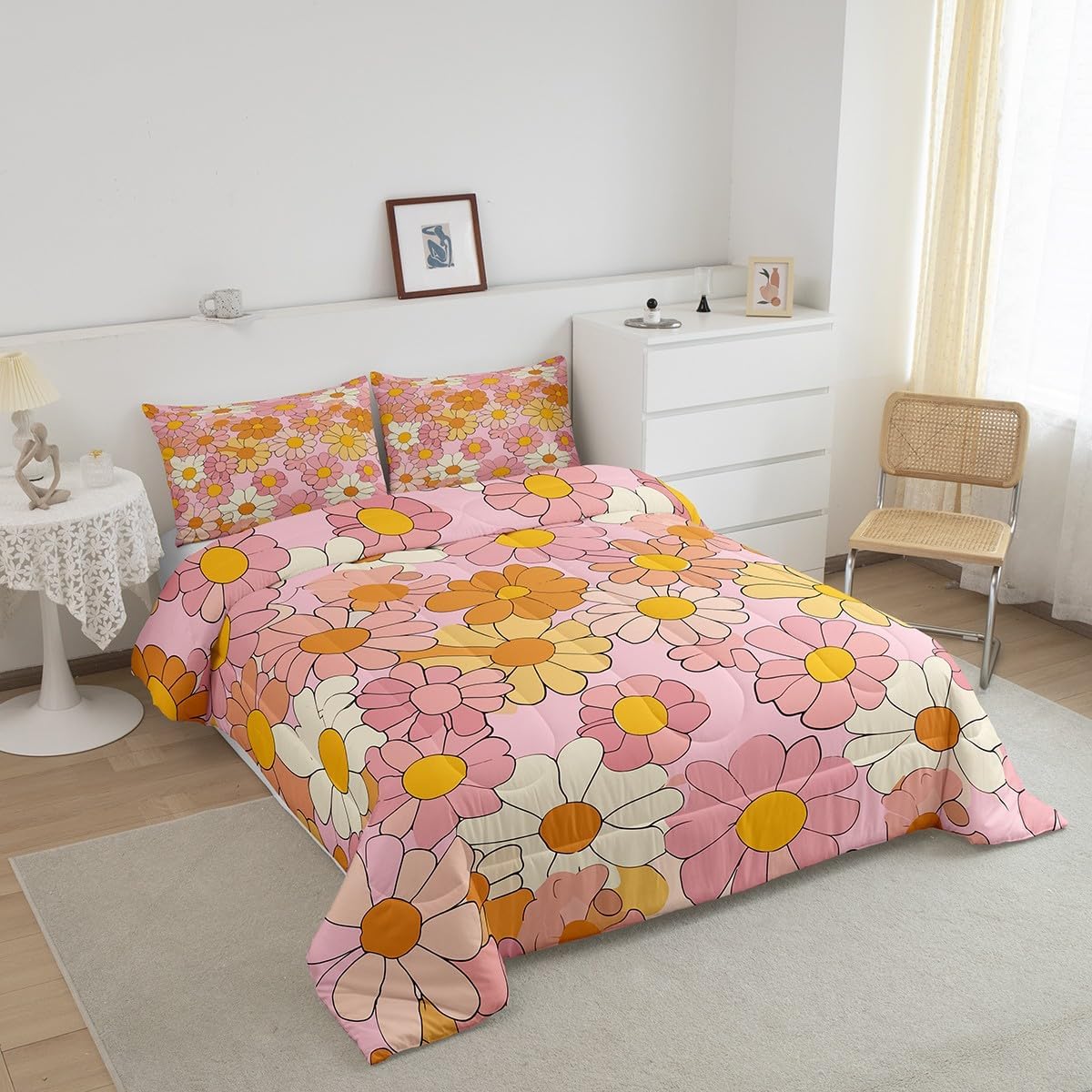 60s 70s Groovy Flower Comforter Set Full,Hippie Funky Flower Quilt for Kids Boys Girls,Rainbow Vintage Floral Bedding Set,Bohemia Cartoon Botanical Florals Down Comforter with 2 Pillowcases