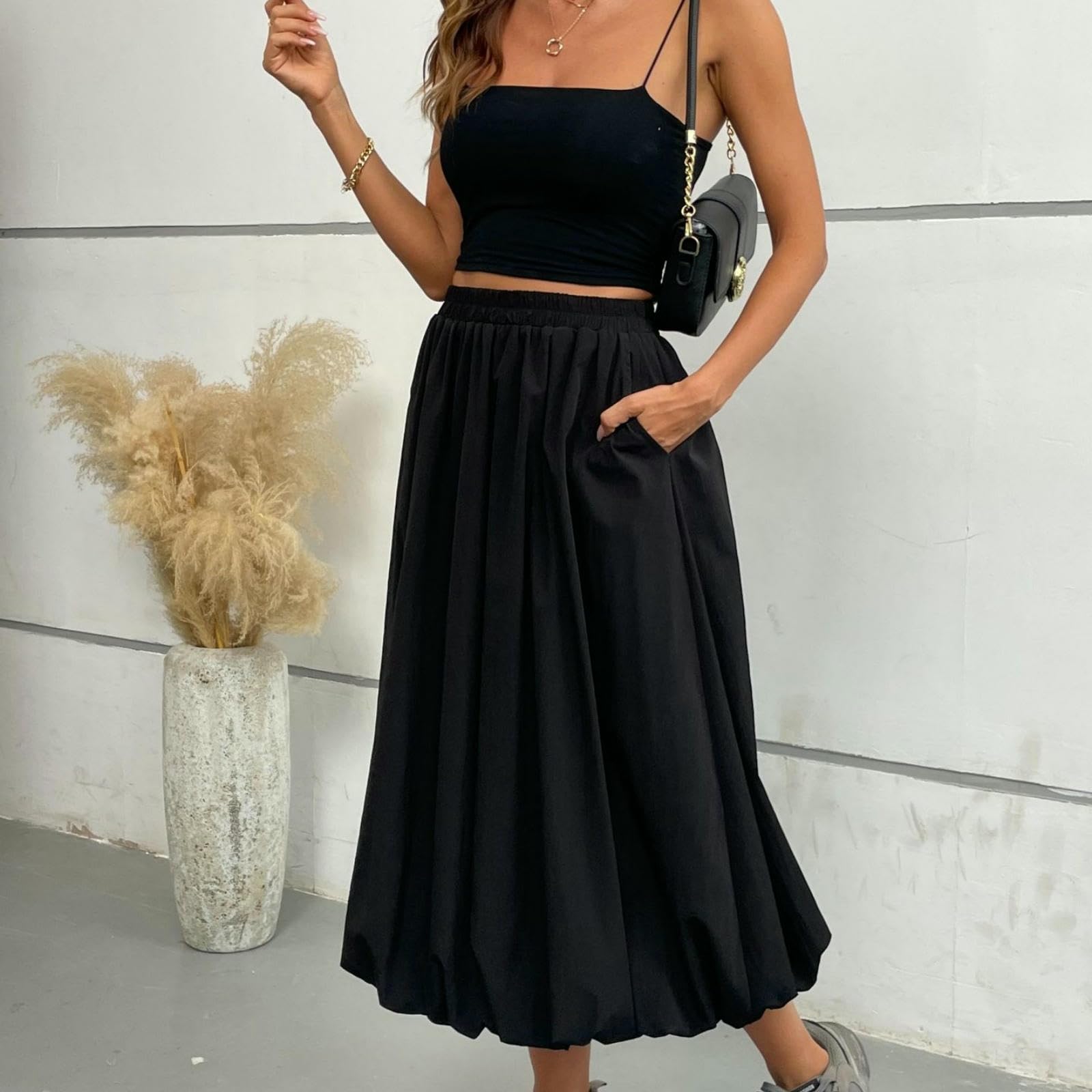 Faldas Falda Tulipán Holgada, Estilo Urbano, Cintura Elástica, Midi Hinchada-Gris-XL