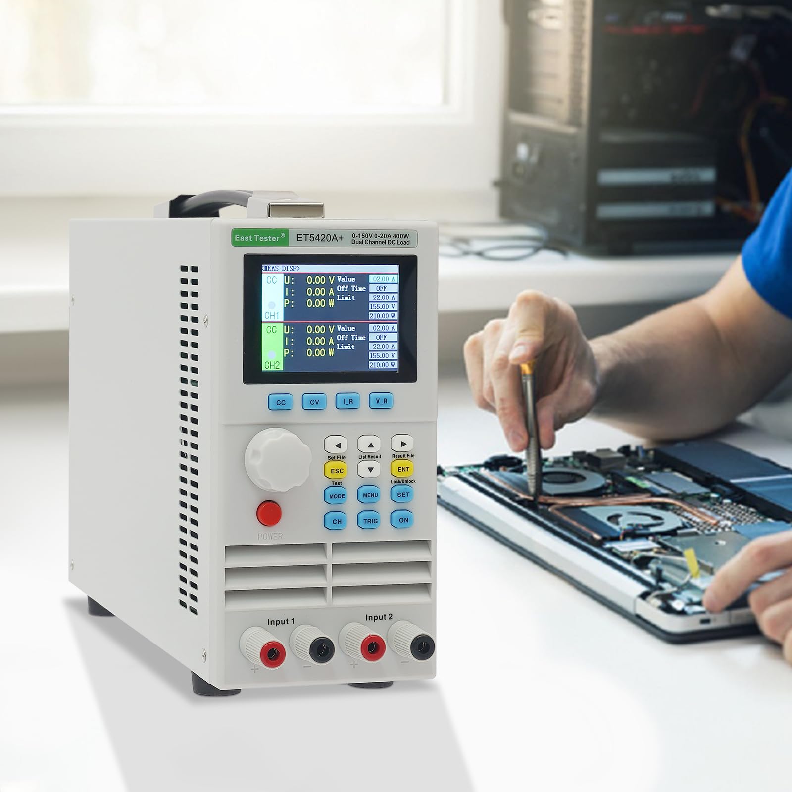 Elektroniczny tester obciążenia programowalny z dwoma kanałami | 400 W 0-150 V 2 x 20 A DC interfejs USB CC/CV/CR/CP ekran LCD do zasilaczy i test LED