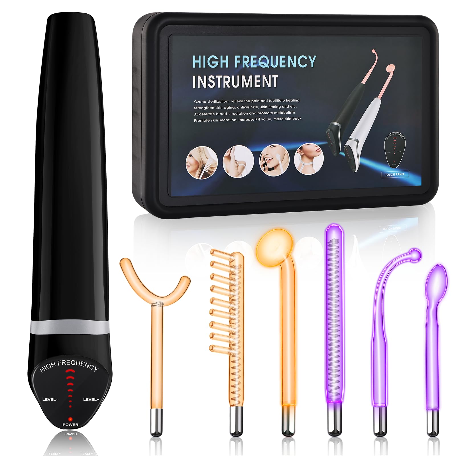 Barra de alta frecuencia para la cara, iklestar Barra de alta frecuencia con 6 tubos de vidrio, Kit de máquina facial portátil para uso doméstico