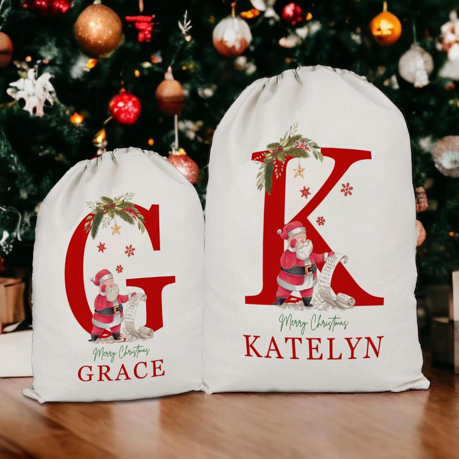 Set of 4 Personalized Christmas Wrapping Gift Bags with Initial & Name Custom Xmas Eve Boxes Canvas Santa Sacks Drawstring Christmas Bags for Kids Assorted Sizes
