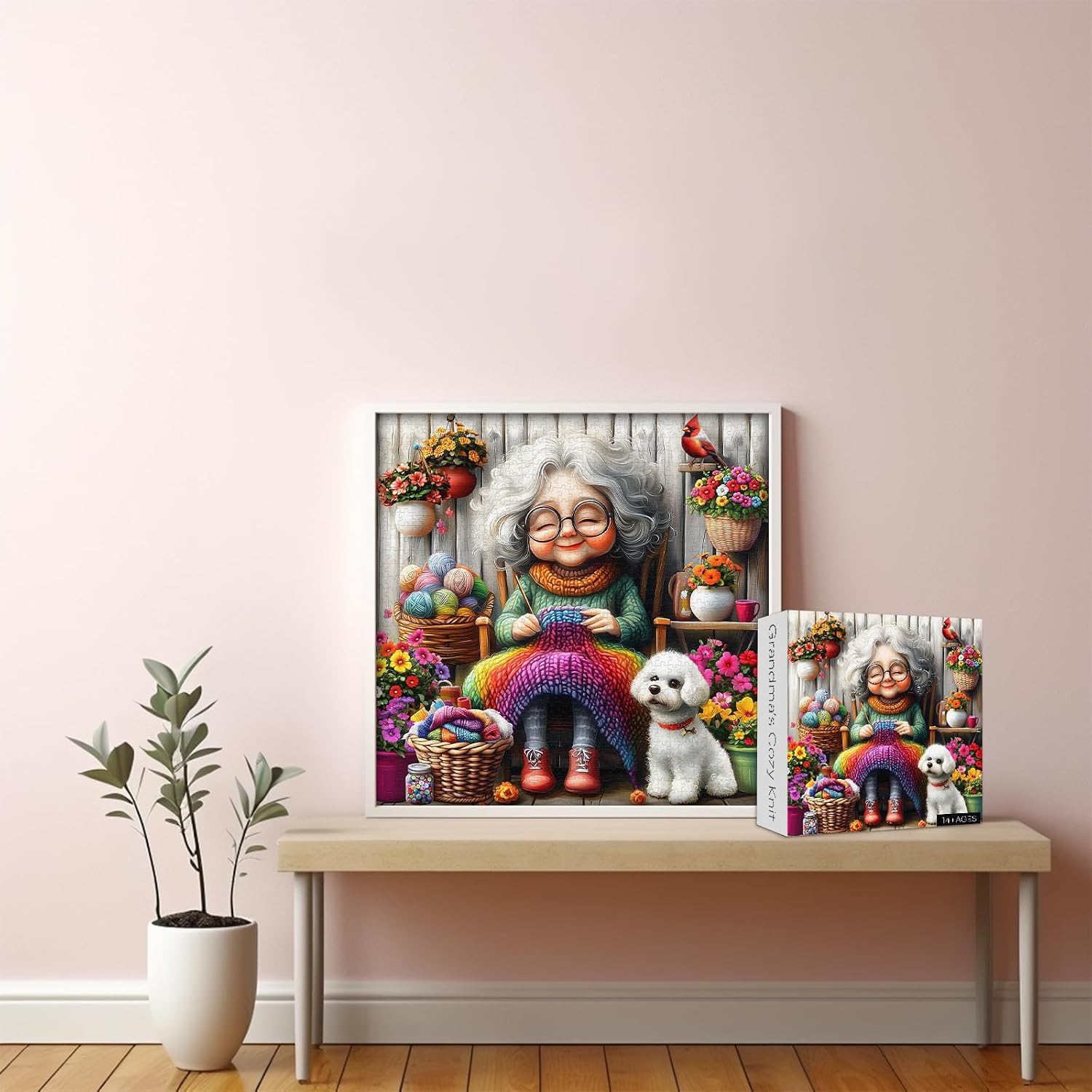 Old Woman Puzzles for Adults 1000 Piece, Larkipuzz Challenging Grandma’s Cozy Knit Puzzle Dog Cardinal, Hard Impossible Floral Plant Art Theme as Wall Decor